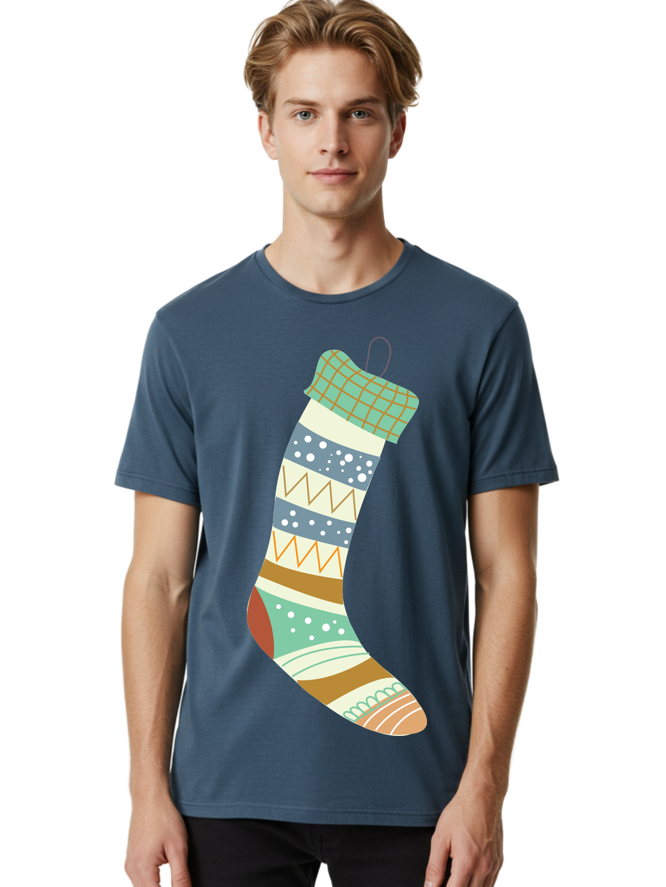 Christmas-Stocking Men'S Graphic Tee, 100% Cotton, Comfortable Casual Summer Wear, Machine Washable, Christmas Stocking, Holiday Decor, Festive Patterns, Stripes, Polka Dots, Chevron Design, Hanging Ornament, Seasonal Decoration, Aac587