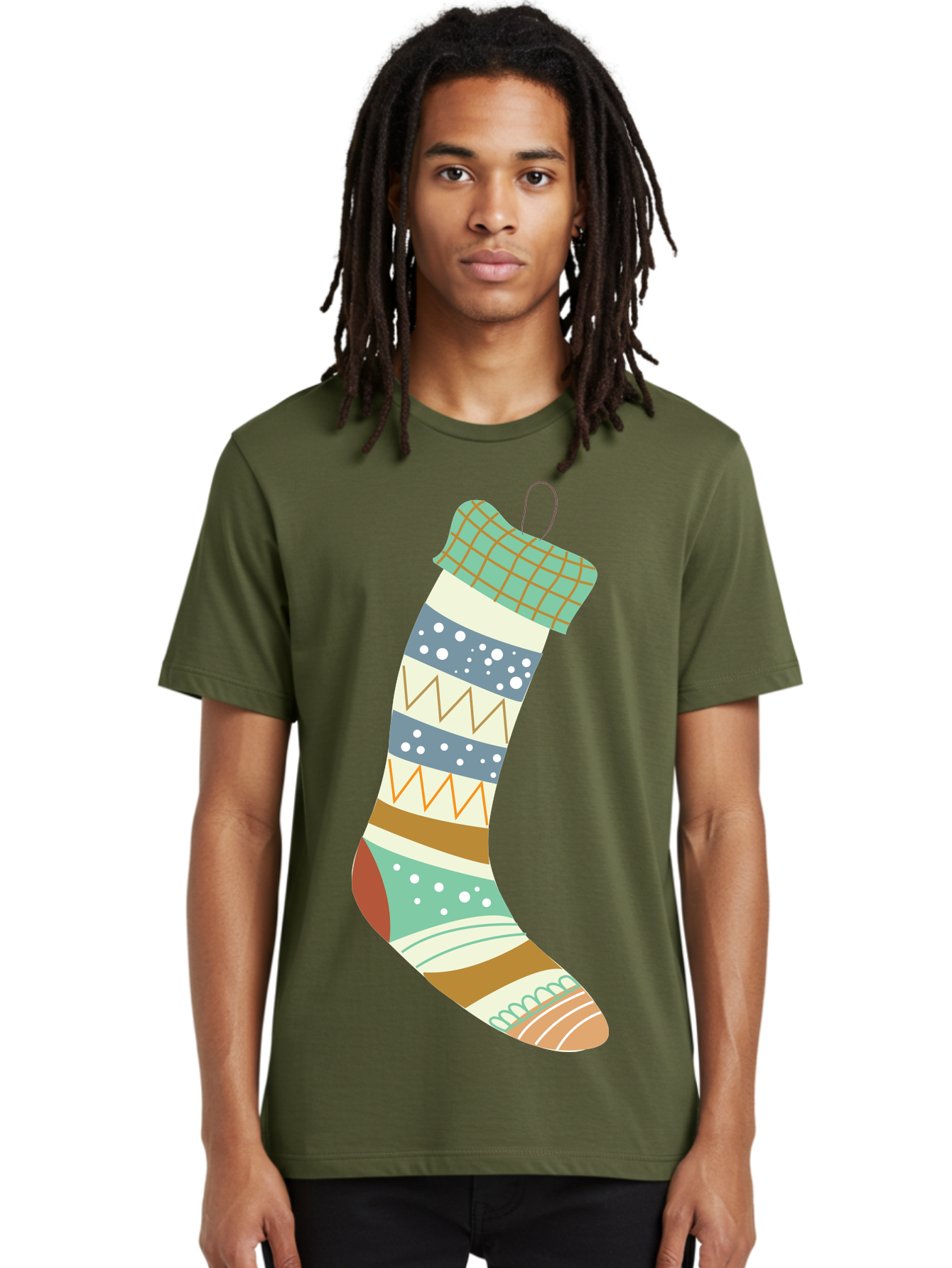 Christmas-Stocking Men'S Graphic Tee, 100% Cotton, Comfortable Casual Summer Wear, Machine Washable, Christmas Stocking, Holiday Decor, Festive Patterns, Stripes, Polka Dots, Chevron Design, Hanging Ornament, Seasonal Decoration, Aac587