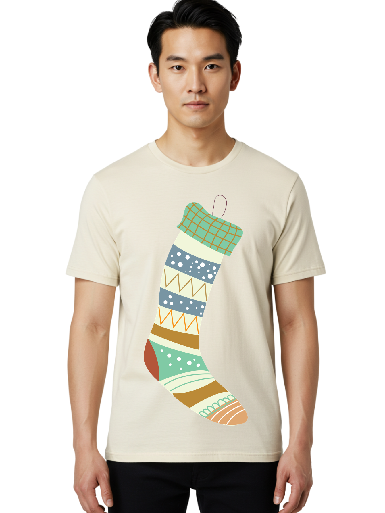 Christmas-Stocking Men'S Graphic Tee, 100% Cotton, Comfortable Casual Summer Wear, Machine Washable, Christmas Stocking, Holiday Decor, Festive Patterns, Stripes, Polka Dots, Chevron Design, Hanging Ornament, Seasonal Decoration, Aac587