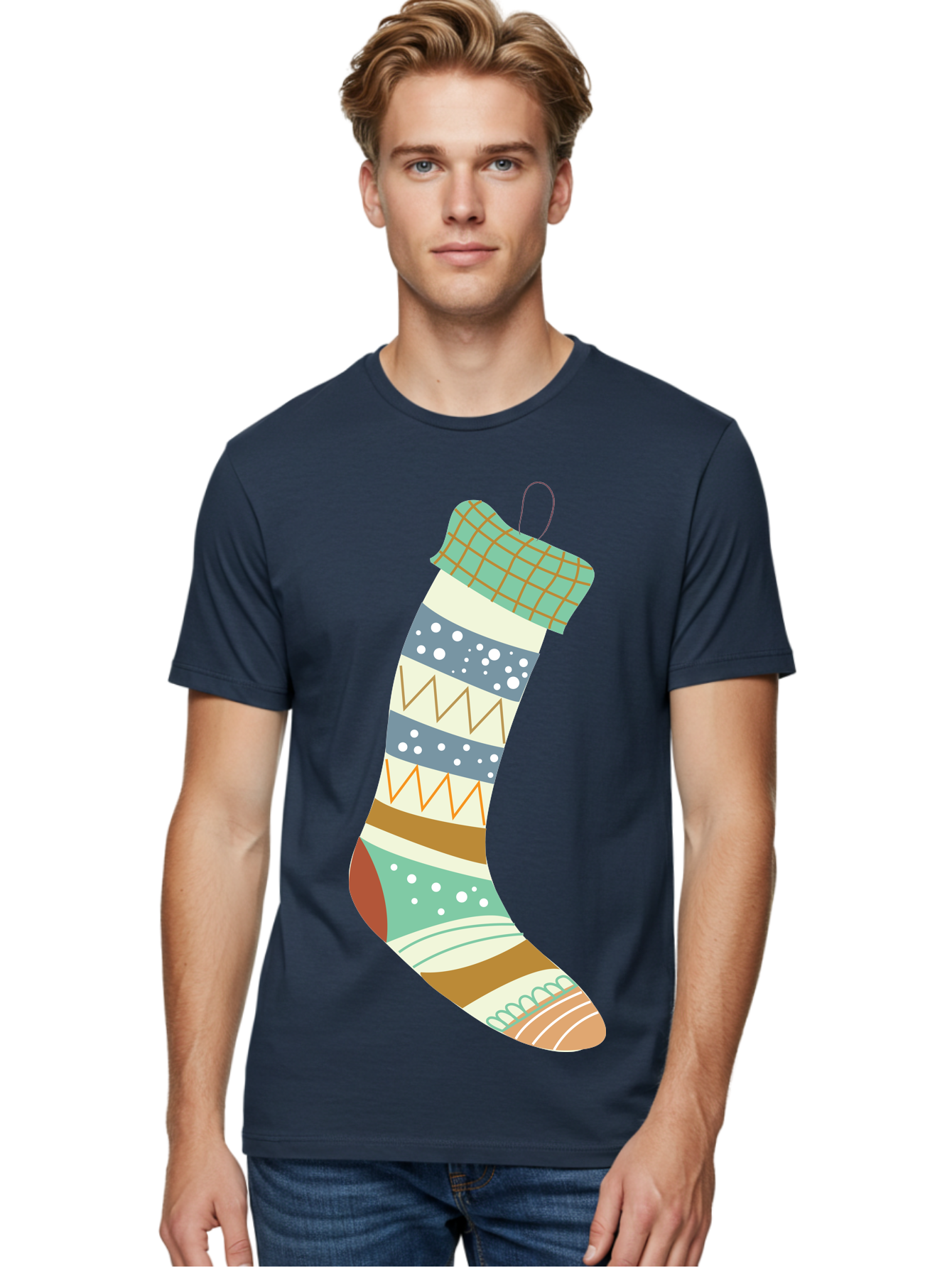 Christmas-Stocking Men'S Graphic Tee, 100% Cotton, Comfortable Casual Summer Wear, Machine Washable, Christmas Stocking, Holiday Decor, Festive Patterns, Stripes, Polka Dots, Chevron Design, Hanging Ornament, Seasonal Decoration, Aac587