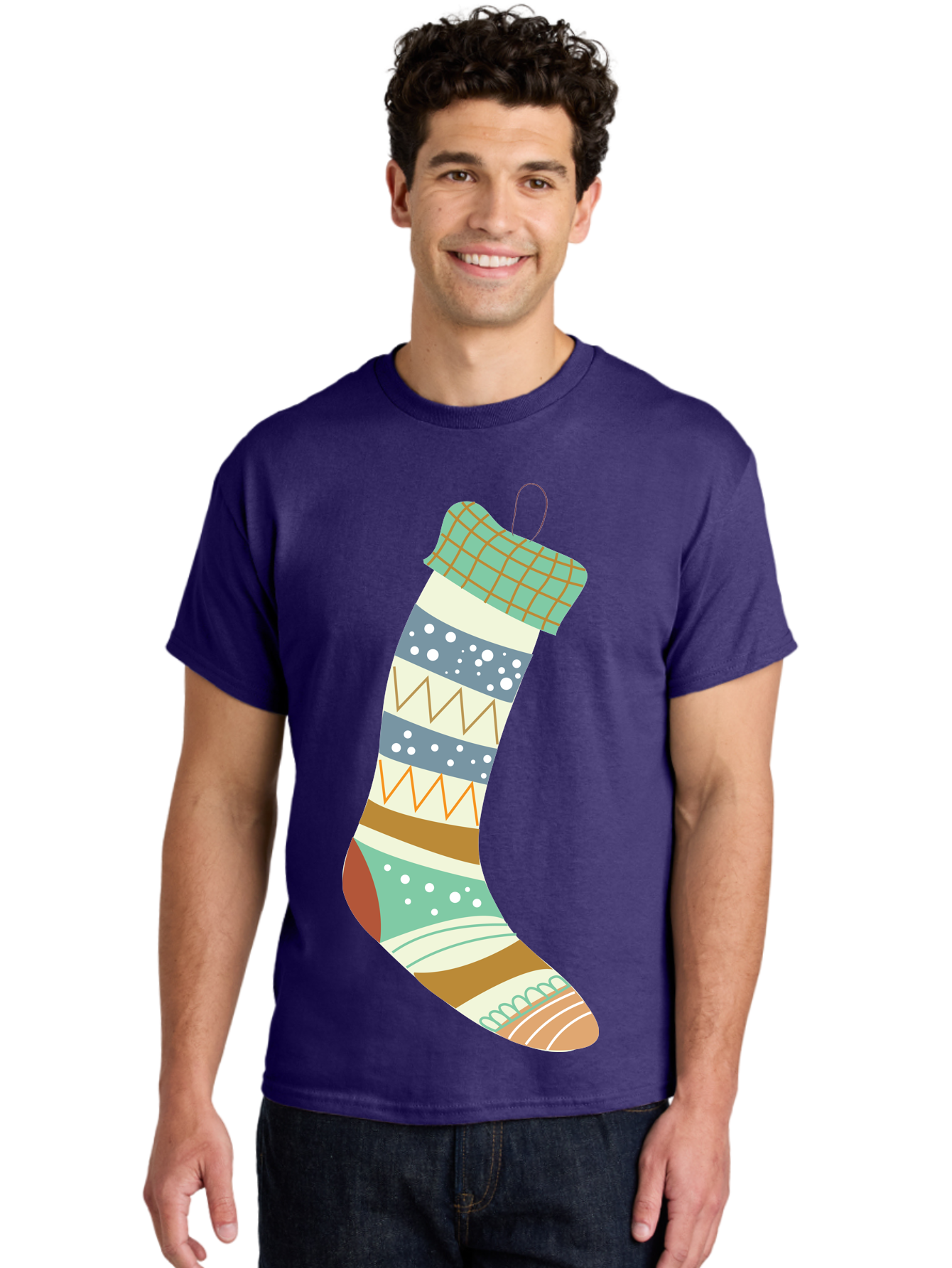 Christmas-Stocking Men'S Graphic Tee, 100% Cotton, Comfortable Casual Summer Wear, Machine Washable, Christmas Stocking, Holiday Decor, Festive Patterns, Stripes, Polka Dots, Chevron Design, Hanging Ornament, Seasonal Decoration, Aac587