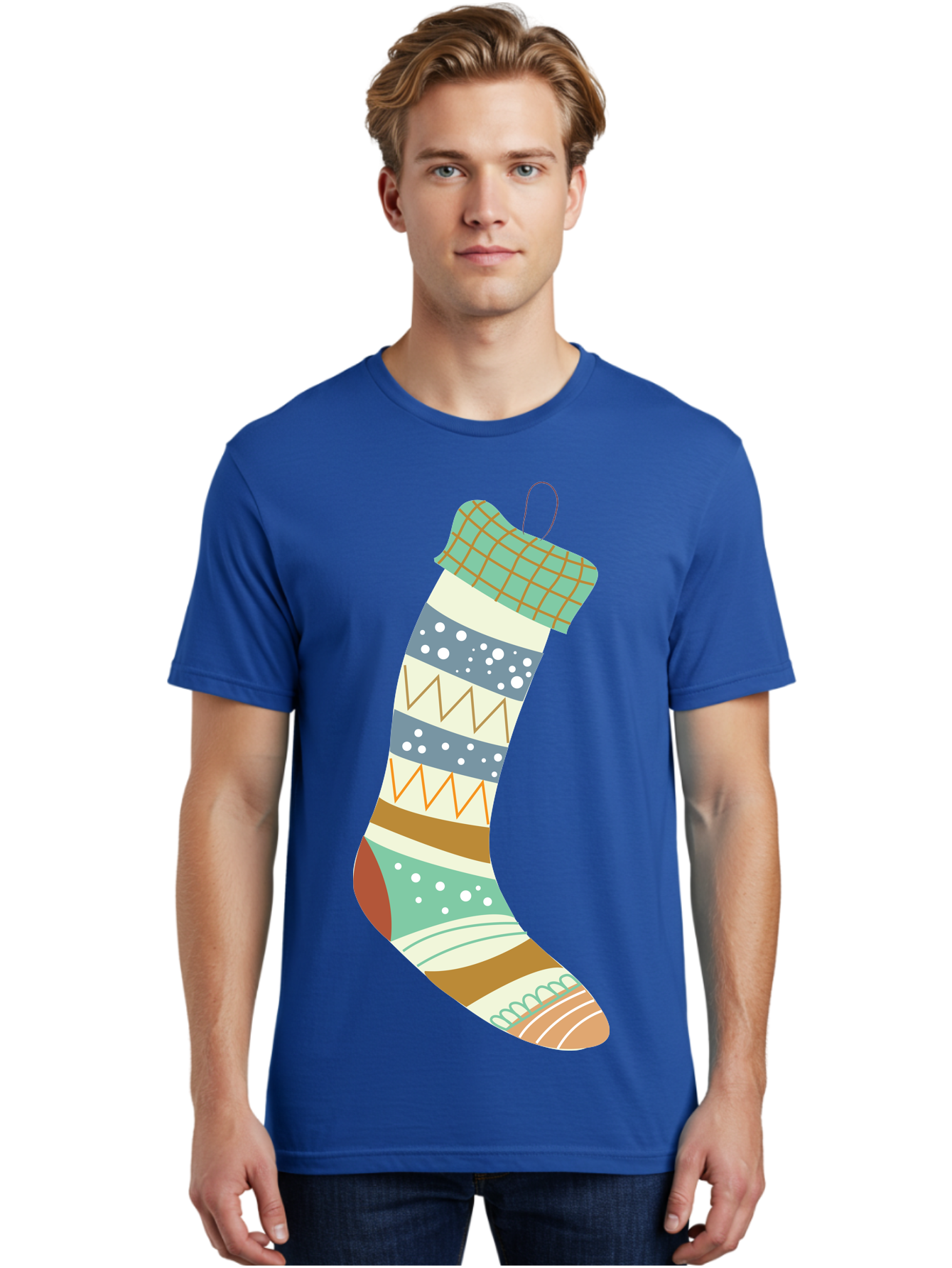 Christmas-Stocking Men'S Graphic Tee, 100% Cotton, Comfortable Casual Summer Wear, Machine Washable, Christmas Stocking, Holiday Decor, Festive Patterns, Stripes, Polka Dots, Chevron Design, Hanging Ornament, Seasonal Decoration, Aac587
