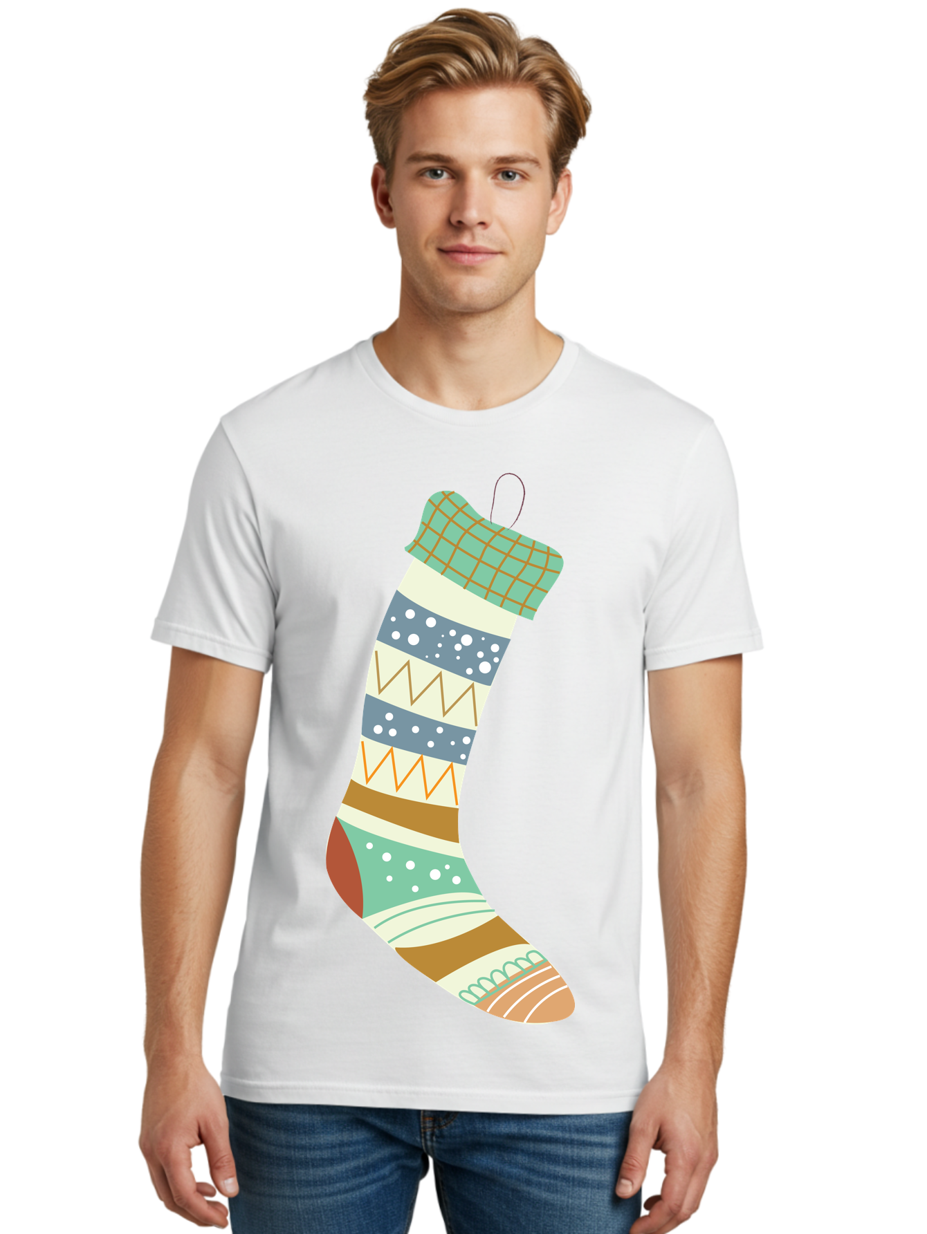 Christmas-Stocking Men'S Graphic Tee, 100% Cotton, Comfortable Casual Summer Wear, Machine Washable, Christmas Stocking, Holiday Decor, Festive Patterns, Stripes, Polka Dots, Chevron Design, Hanging Ornament, Seasonal Decoration, Aac587
