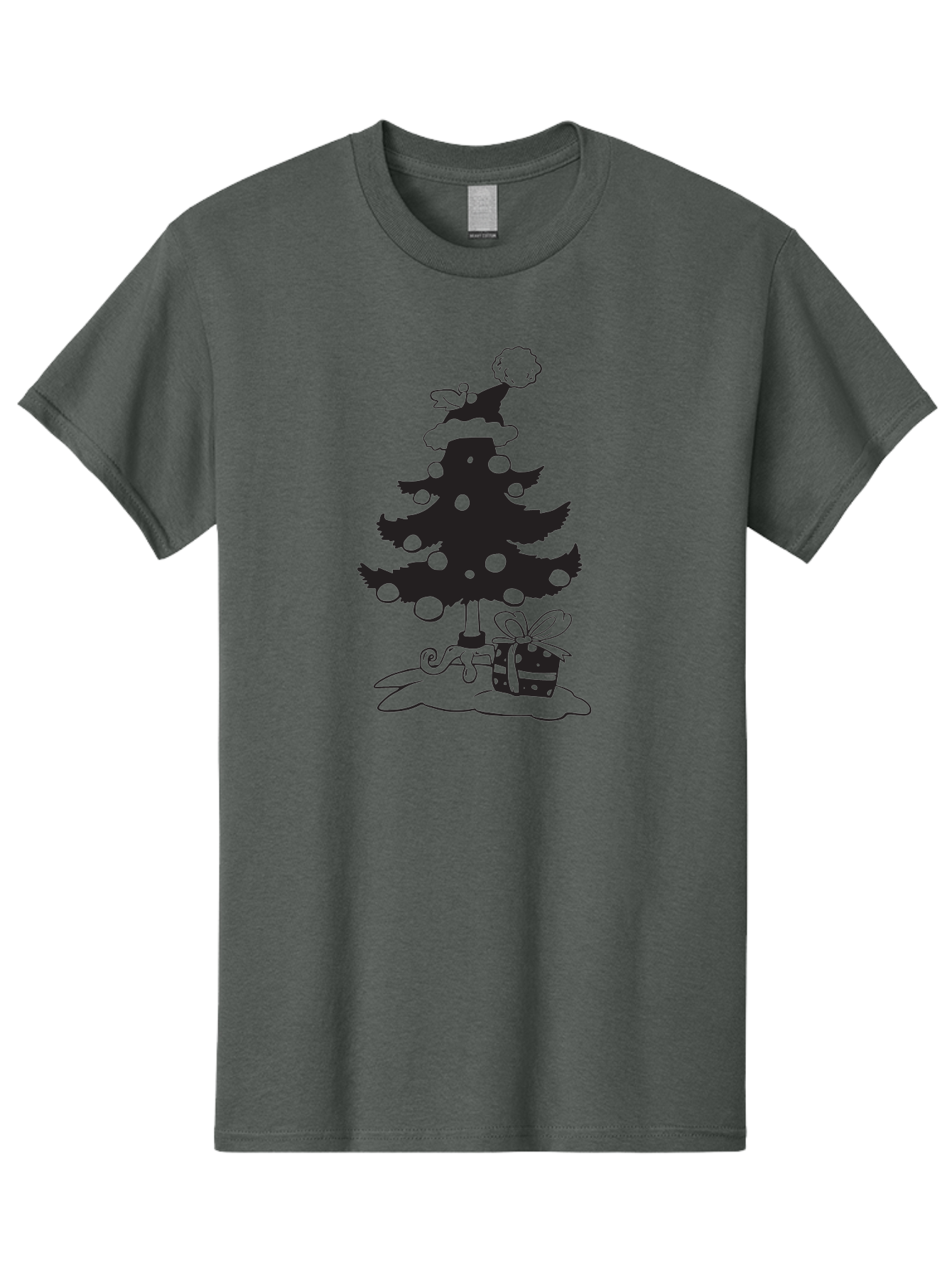 Christmas-Tree-1 Men'S Graphic Tee, 100% Cotton, Comfortable Casual Summer Wear, Machine Washable, Christmas Tree Silhouette, Decorated Tree, Angel On Top, Christmas Ornaments, Gift Box, Ribbon, Festive, Holiday, Christmas Decoration, Aac588