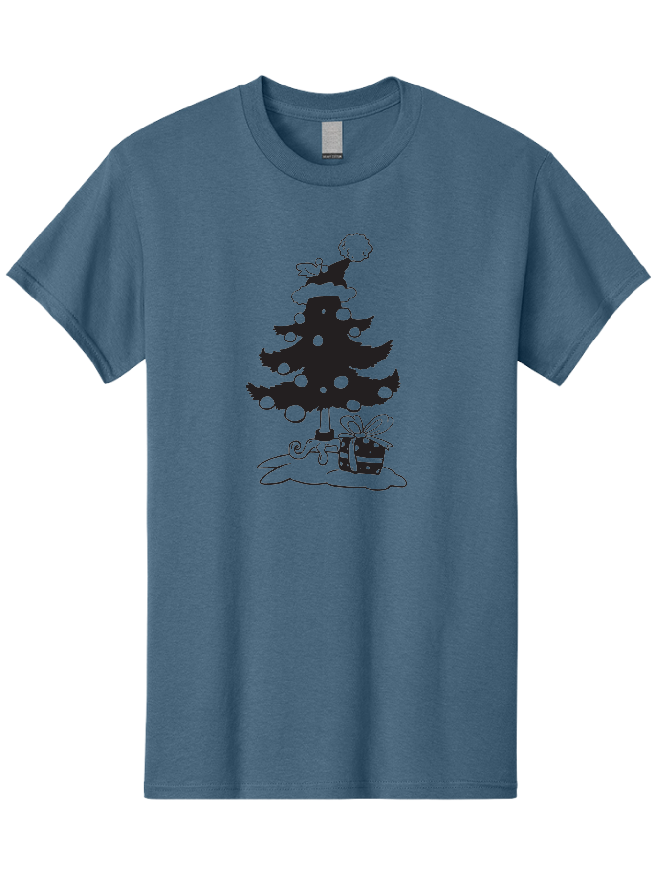 Christmas-Tree-1 Men'S Graphic Tee, 100% Cotton, Comfortable Casual Summer Wear, Machine Washable, Christmas Tree Silhouette, Decorated Tree, Angel On Top, Christmas Ornaments, Gift Box, Ribbon, Festive, Holiday, Christmas Decoration, Aac588