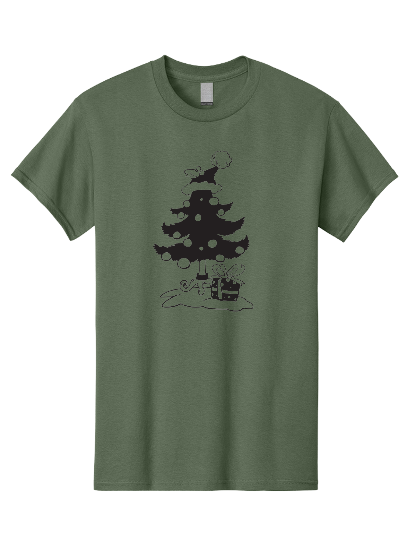 Christmas-Tree-1 Men'S Graphic Tee, 100% Cotton, Comfortable Casual Summer Wear, Machine Washable, Christmas Tree Silhouette, Decorated Tree, Angel On Top, Christmas Ornaments, Gift Box, Ribbon, Festive, Holiday, Christmas Decoration, Aac588