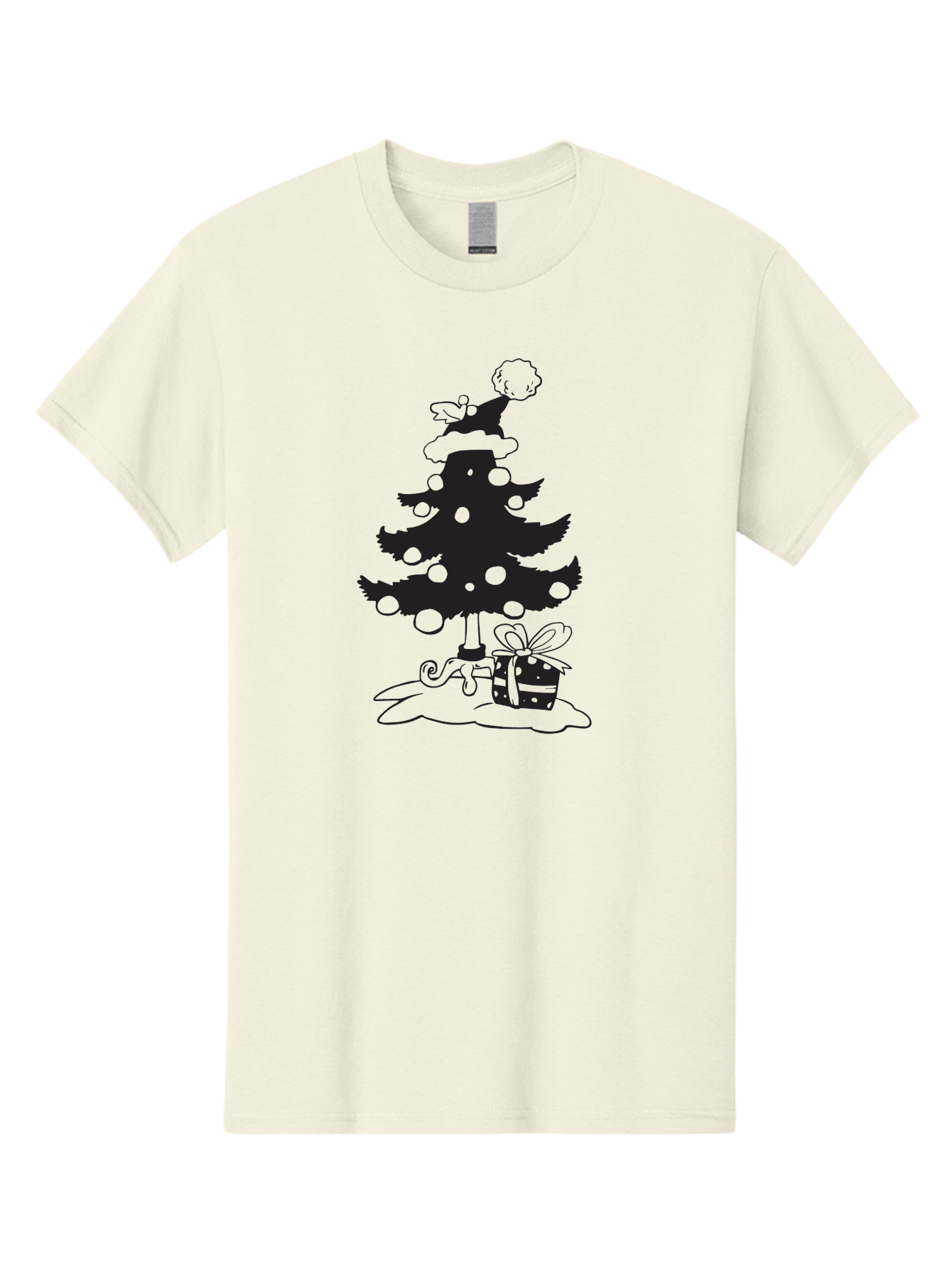 Christmas-Tree-1 Men'S Graphic Tee, 100% Cotton, Comfortable Casual Summer Wear, Machine Washable, Christmas Tree Silhouette, Decorated Tree, Angel On Top, Christmas Ornaments, Gift Box, Ribbon, Festive, Holiday, Christmas Decoration, Aac588
