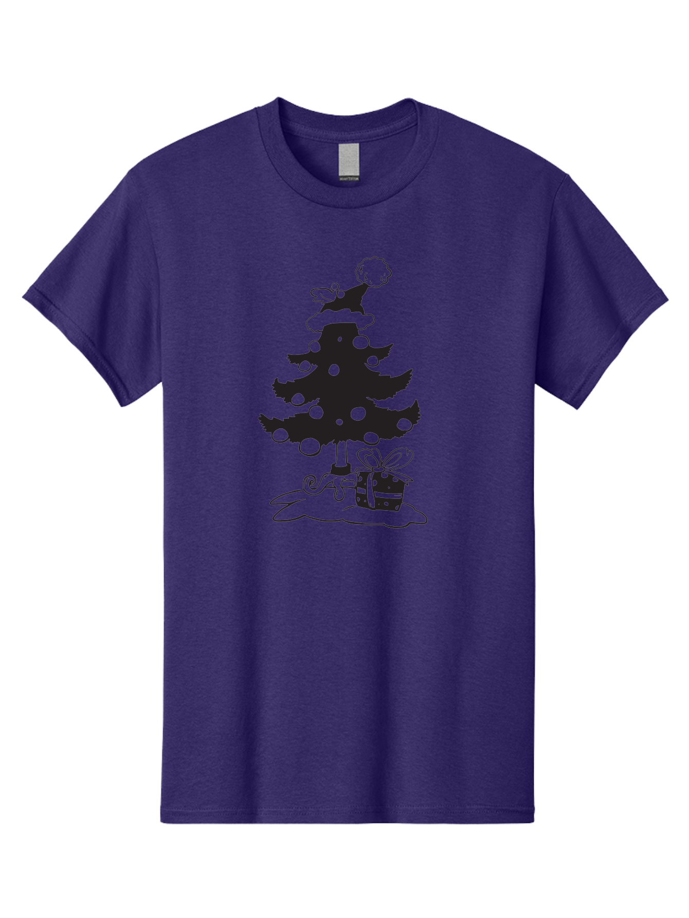 Christmas-Tree-1 Men'S Graphic Tee, 100% Cotton, Comfortable Casual Summer Wear, Machine Washable, Christmas Tree Silhouette, Decorated Tree, Angel On Top, Christmas Ornaments, Gift Box, Ribbon, Festive, Holiday, Christmas Decoration, Aac588