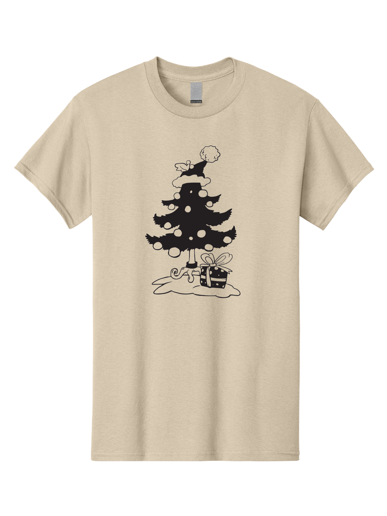 Christmas-Tree-1 Men'S Graphic Tee, 100% Cotton, Comfortable Casual Summer Wear, Machine Washable, Christmas Tree Silhouette, Decorated Tree, Angel On Top, Christmas Ornaments, Gift Box, Ribbon, Festive, Holiday, Christmas Decoration, Aac588