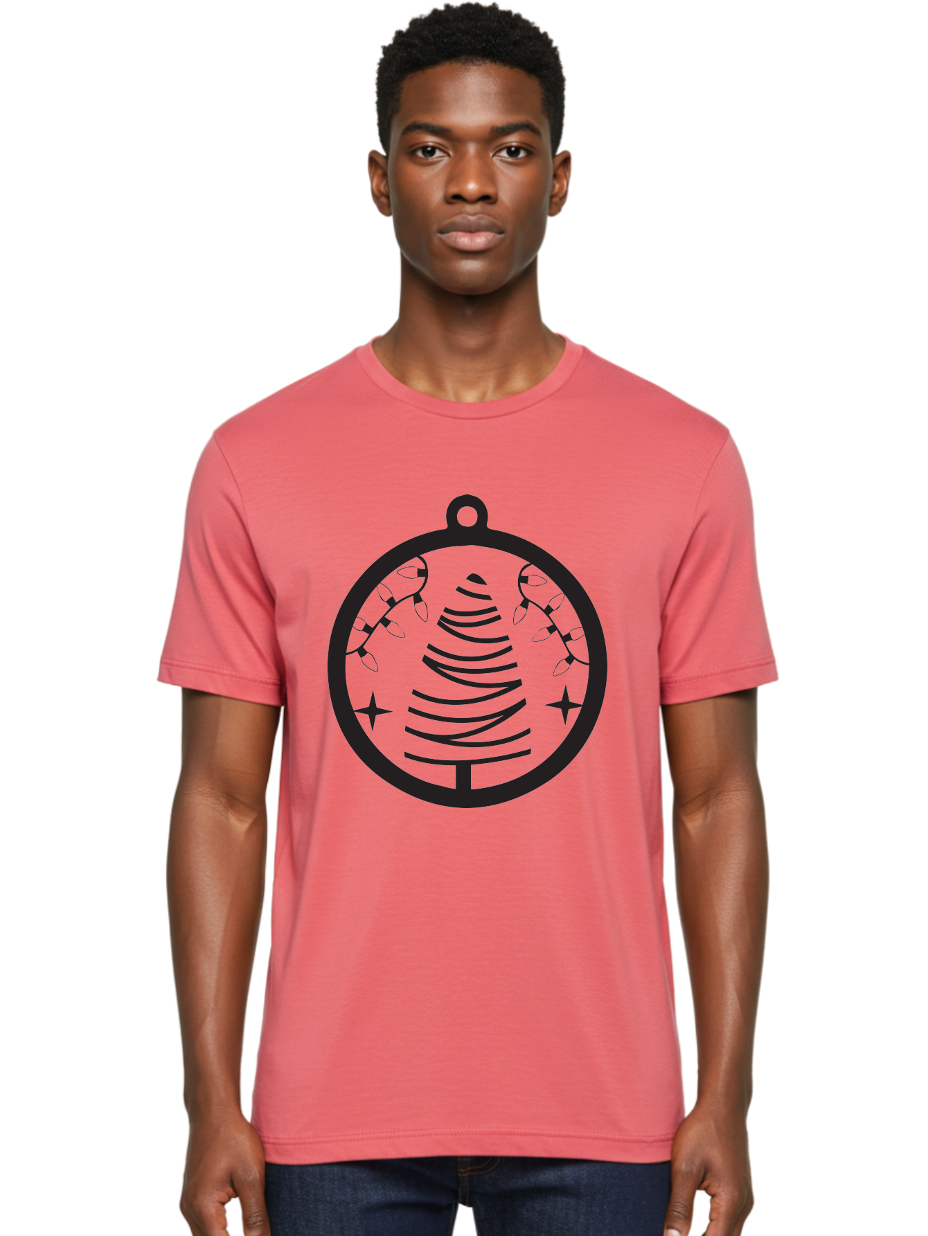 Christmas-Tree-Ornament-1 Men'S Graphic Tee, 100% Cotton, Comfortable Casual Summer Wear, Machine Washable, Christmas Tree, Holiday Decoration, Festive Lights, Stars, Winter Wonderland, Christmas Ornament, Black Silhouette, Festive Design Aac590