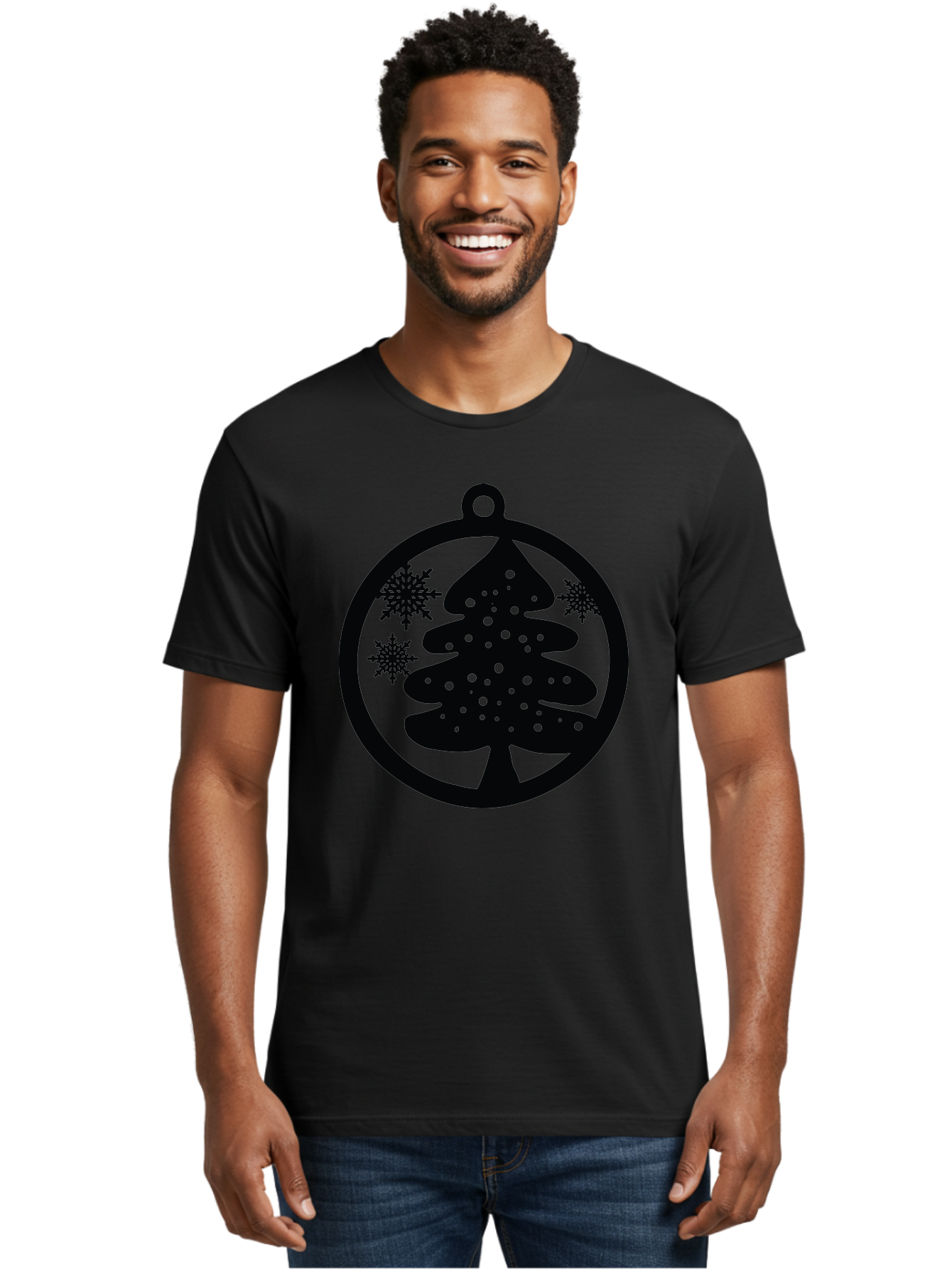 Christmas-Tree-Ornament Men'S Graphic Tee, 100% Cotton, Comfortable Casual Summer Wear, Machine Washable, Christmas Tree Silhouette, Snowflakes, Holiday Decoration, Festive Design, Winter Wonderland, Christmas Ornament, Bauble, Tree Bauble, Aac592