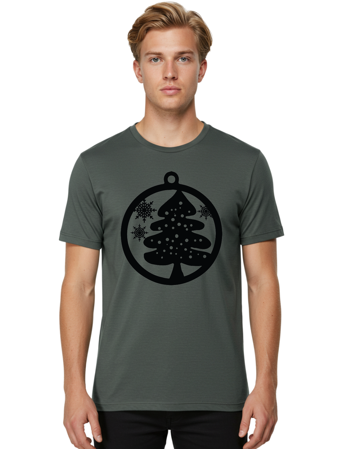 Christmas-Tree-Ornament Men'S Graphic Tee, 100% Cotton, Comfortable Casual Summer Wear, Machine Washable, Christmas Tree Silhouette, Snowflakes, Holiday Decoration, Festive Design, Winter Wonderland, Christmas Ornament, Bauble, Tree Bauble, Aac592