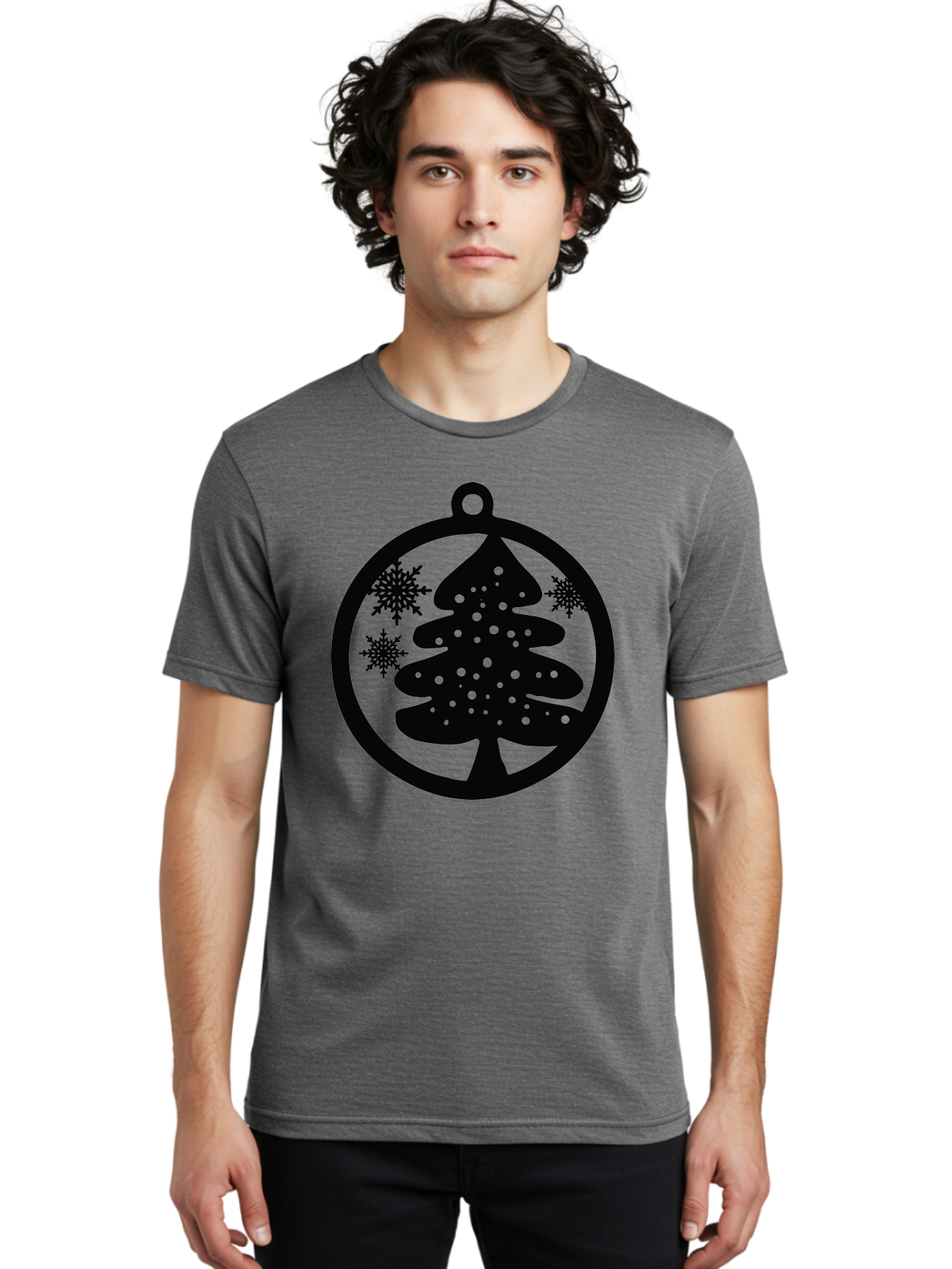 Christmas-Tree-Ornament Men'S Graphic Tee, 100% Cotton, Comfortable Casual Summer Wear, Machine Washable, Christmas Tree Silhouette, Snowflakes, Holiday Decoration, Festive Design, Winter Wonderland, Christmas Ornament, Bauble, Tree Bauble, Aac592