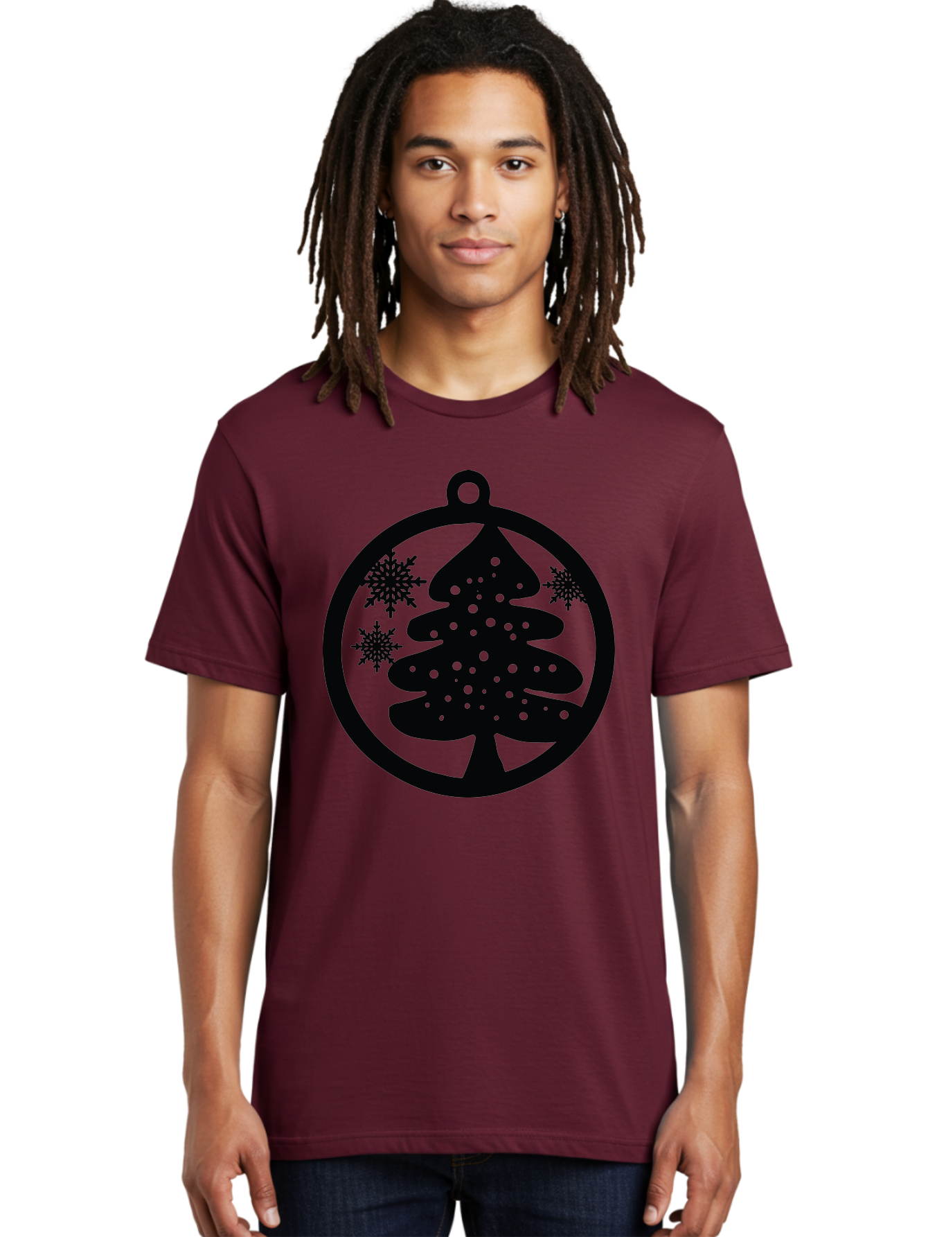 Christmas-Tree-Ornament Men'S Graphic Tee, 100% Cotton, Comfortable Casual Summer Wear, Machine Washable, Christmas Tree Silhouette, Snowflakes, Holiday Decoration, Festive Design, Winter Wonderland, Christmas Ornament, Bauble, Tree Bauble, Aac592