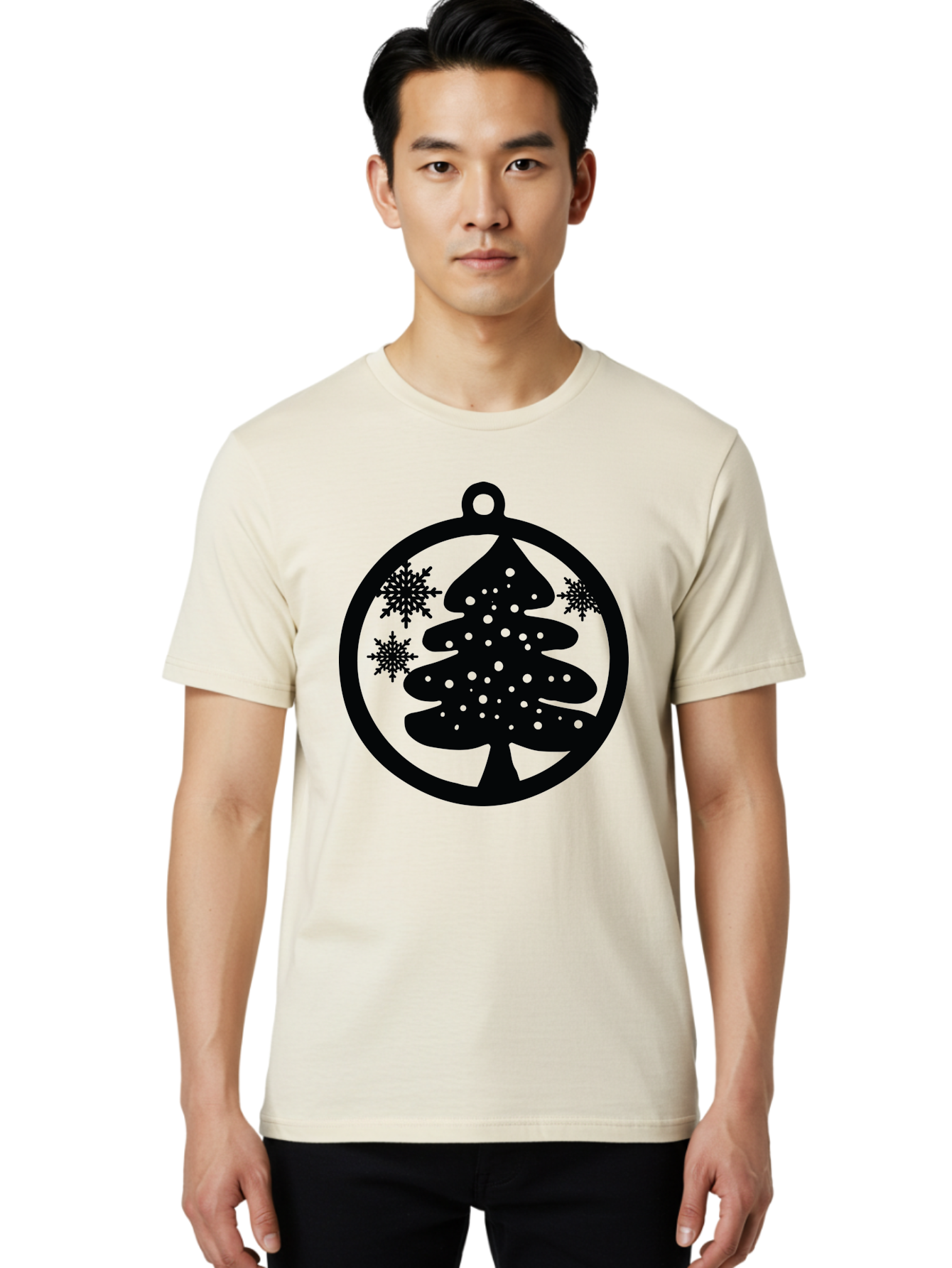 Christmas-Tree-Ornament Men'S Graphic Tee, 100% Cotton, Comfortable Casual Summer Wear, Machine Washable, Christmas Tree Silhouette, Snowflakes, Holiday Decoration, Festive Design, Winter Wonderland, Christmas Ornament, Bauble, Tree Bauble, Aac592
