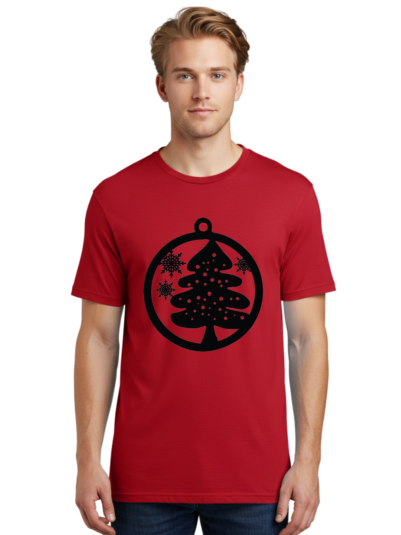 Christmas-Tree-Ornament Men'S Graphic Tee, 100% Cotton, Comfortable Casual Summer Wear, Machine Washable, Christmas Tree Silhouette, Snowflakes, Holiday Decoration, Festive Design, Winter Wonderland, Christmas Ornament, Bauble, Tree Bauble, Aac592