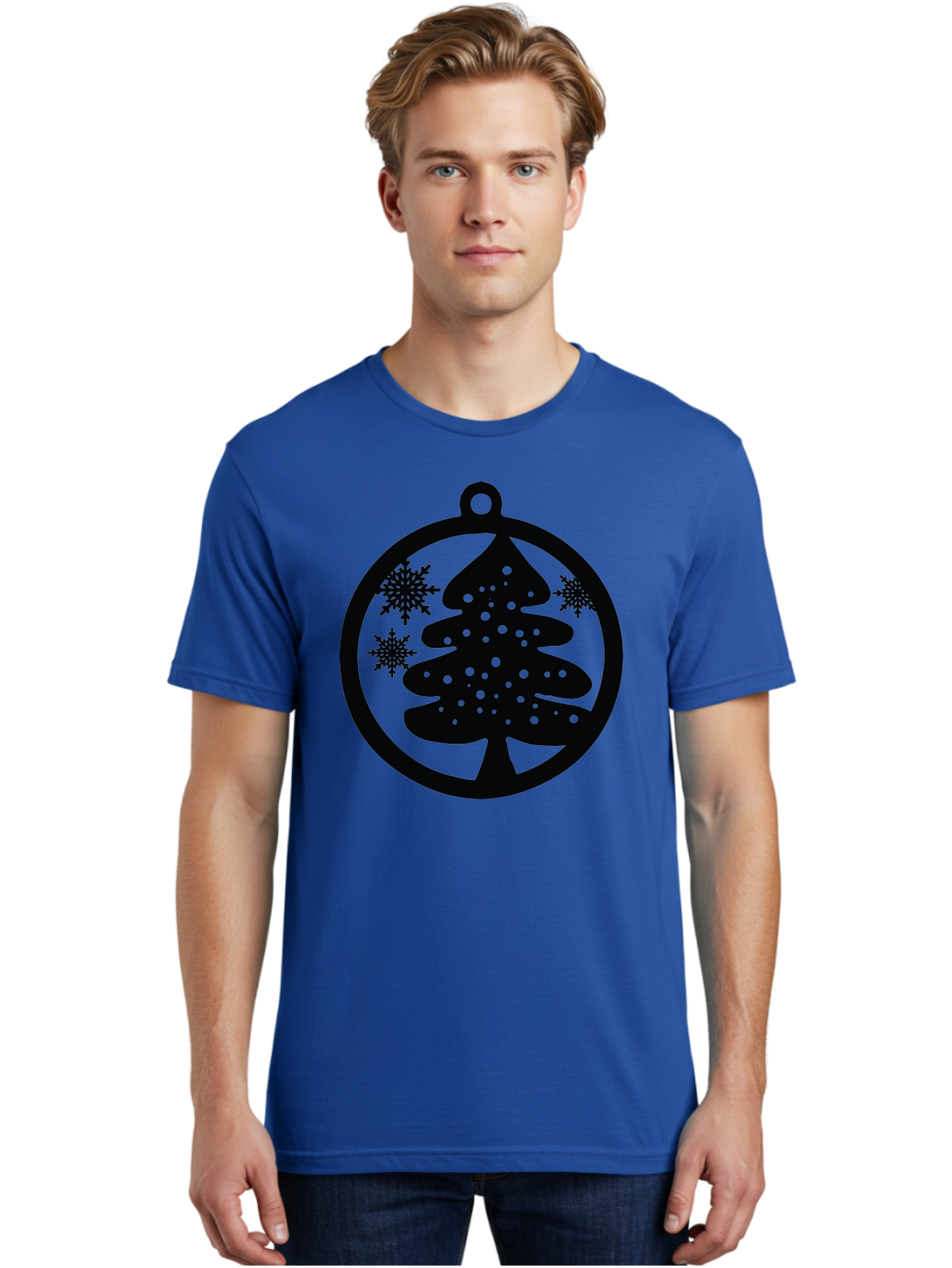 Christmas-Tree-Ornament Men'S Graphic Tee, 100% Cotton, Comfortable Casual Summer Wear, Machine Washable, Christmas Tree Silhouette, Snowflakes, Holiday Decoration, Festive Design, Winter Wonderland, Christmas Ornament, Bauble, Tree Bauble, Aac592