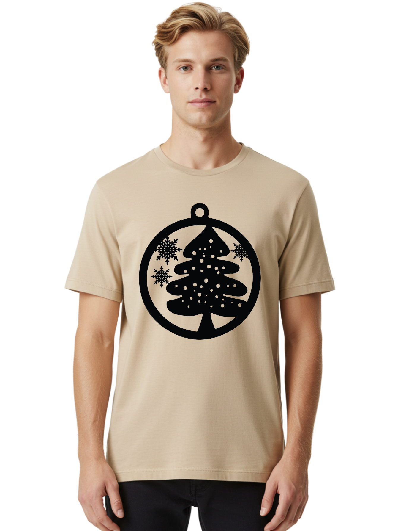 Christmas-Tree-Ornament Men'S Graphic Tee, 100% Cotton, Comfortable Casual Summer Wear, Machine Washable, Christmas Tree Silhouette, Snowflakes, Holiday Decoration, Festive Design, Winter Wonderland, Christmas Ornament, Bauble, Tree Bauble, Aac592