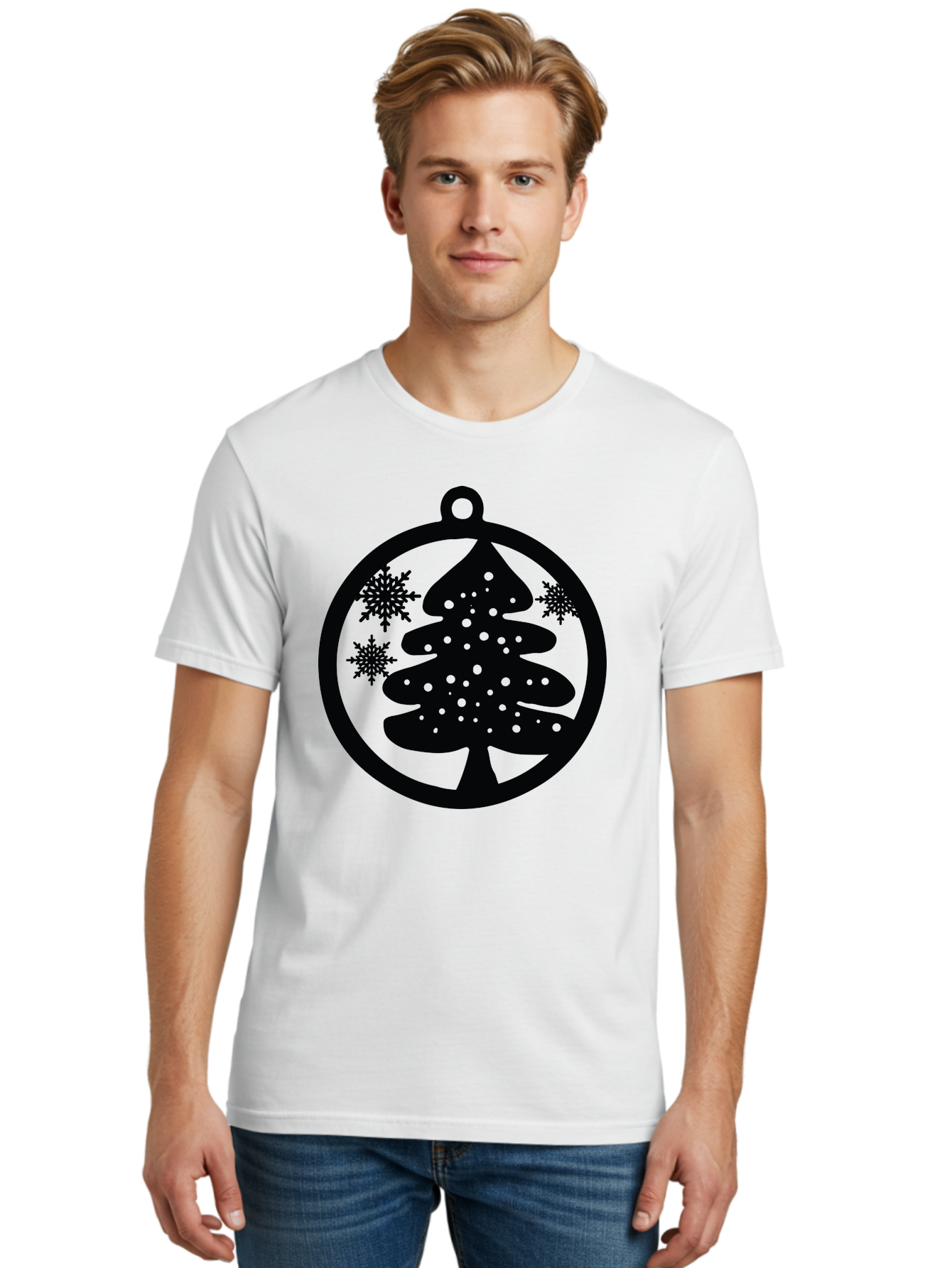 Christmas-Tree-Ornament Men'S Graphic Tee, 100% Cotton, Comfortable Casual Summer Wear, Machine Washable, Christmas Tree Silhouette, Snowflakes, Holiday Decoration, Festive Design, Winter Wonderland, Christmas Ornament, Bauble, Tree Bauble, Aac592