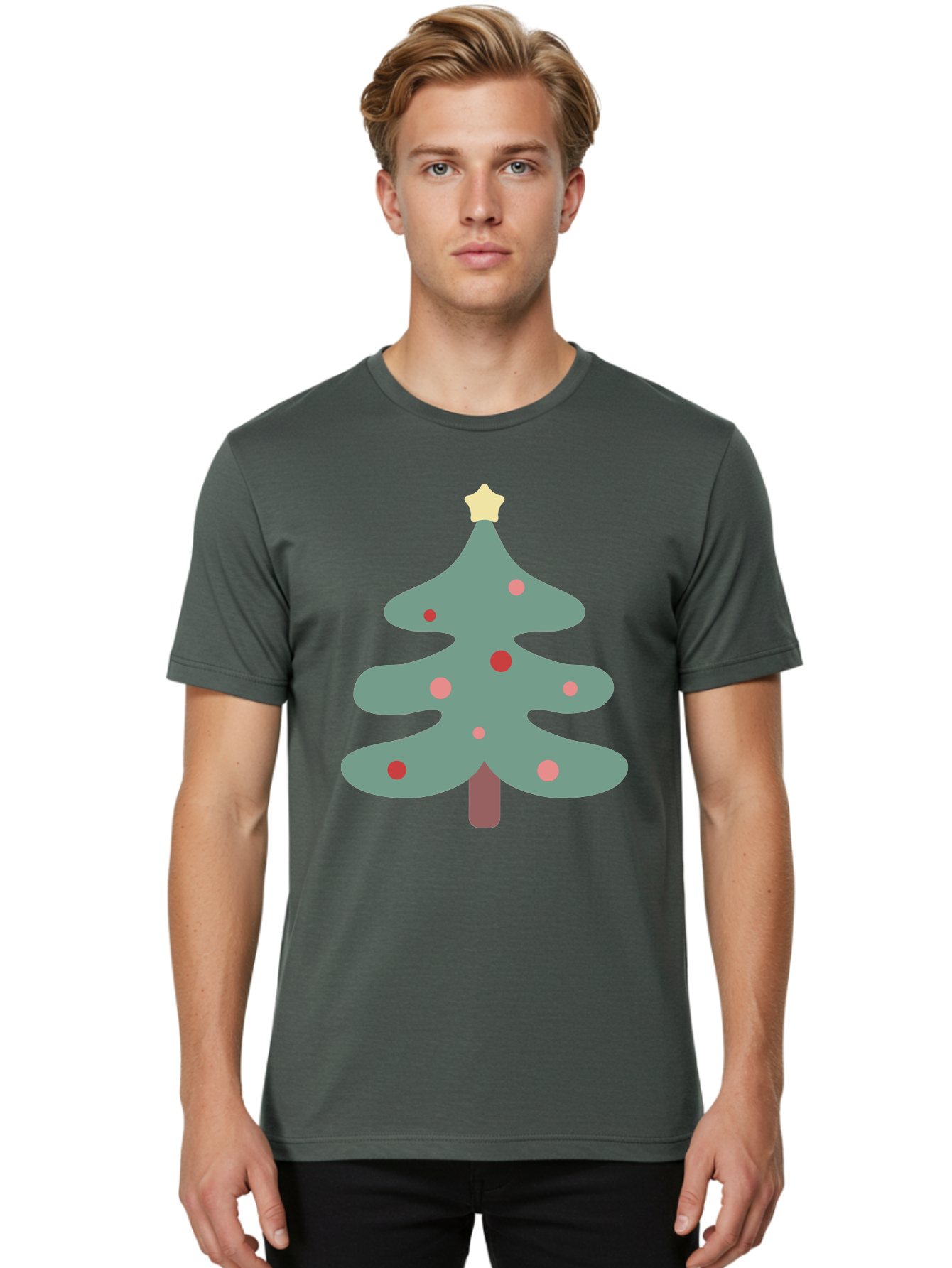 Christmas-Tree Men'S Graphic Tee, 100% Cotton, Comfortable Casual Summer Wear, Machine Washable, Christmas Tree, Festive Decorations, Red Ornaments, Pink Baubles, Star Topper, Holiday Cheer, Winter Wonderland, Cartoon Style, Simple Design, Aac594