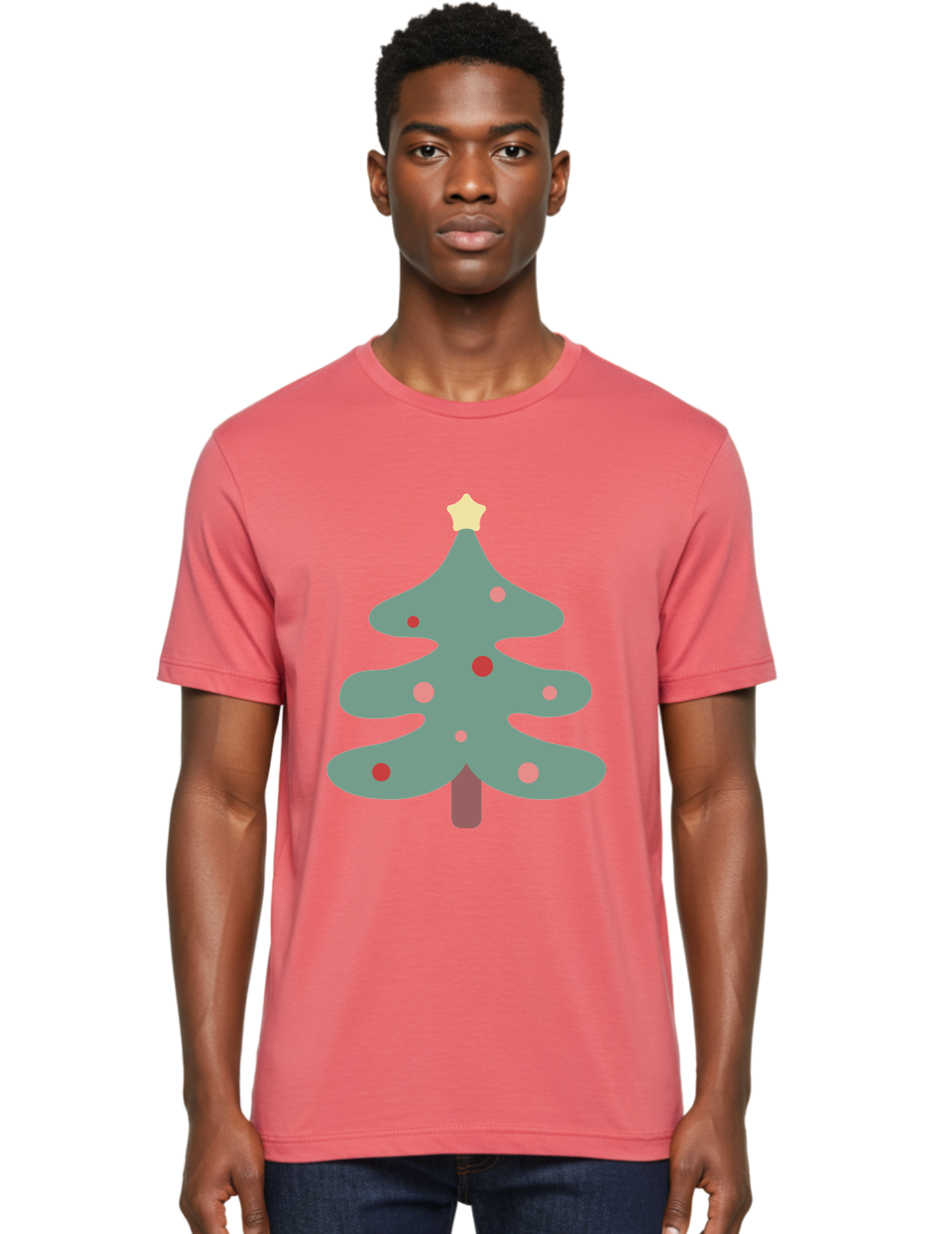 Christmas-Tree Men'S Graphic Tee, 100% Cotton, Comfortable Casual Summer Wear, Machine Washable, Christmas Tree, Festive Decorations, Red Ornaments, Pink Baubles, Star Topper, Holiday Cheer, Winter Wonderland, Cartoon Style, Simple Design, Aac594