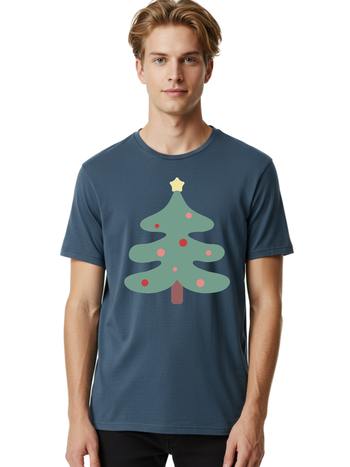 Christmas-Tree Men'S Graphic Tee, 100% Cotton, Comfortable Casual Summer Wear, Machine Washable, Christmas Tree, Festive Decorations, Red Ornaments, Pink Baubles, Star Topper, Holiday Cheer, Winter Wonderland, Cartoon Style, Simple Design, Aac594