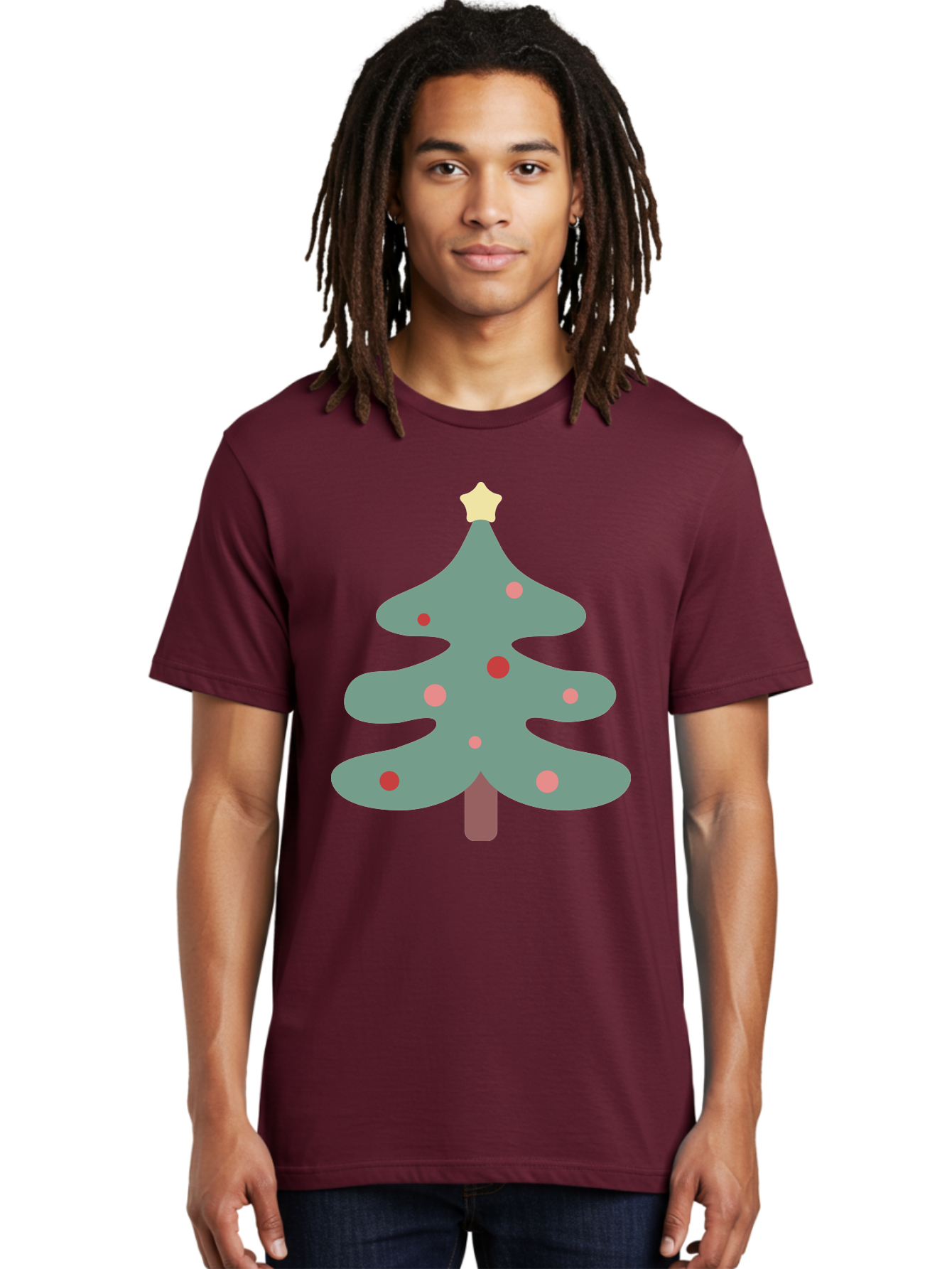 Christmas-Tree Men'S Graphic Tee, 100% Cotton, Comfortable Casual Summer Wear, Machine Washable, Christmas Tree, Festive Decorations, Red Ornaments, Pink Baubles, Star Topper, Holiday Cheer, Winter Wonderland, Cartoon Style, Simple Design, Aac594