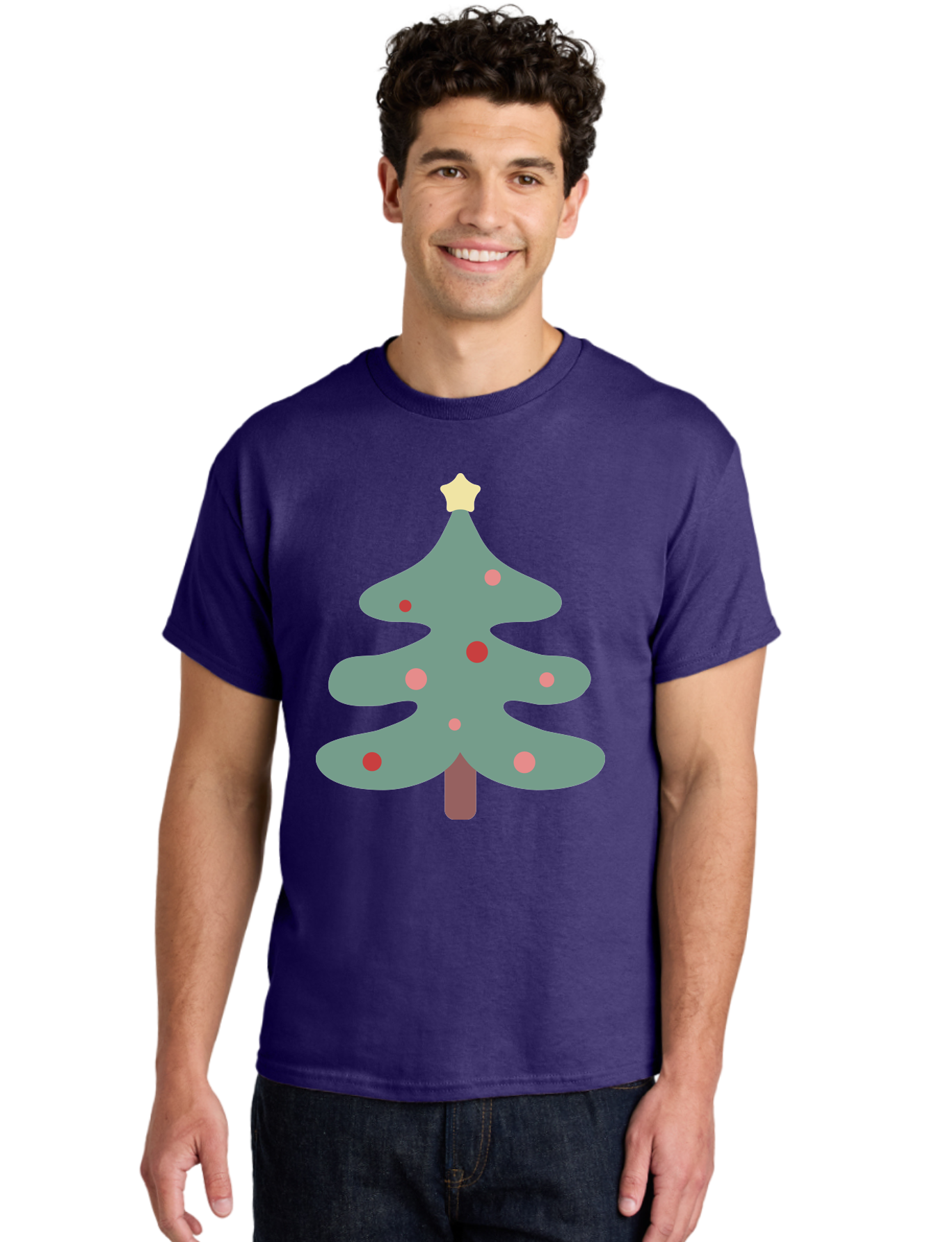 Christmas-Tree Men'S Graphic Tee, 100% Cotton, Comfortable Casual Summer Wear, Machine Washable, Christmas Tree, Festive Decorations, Red Ornaments, Pink Baubles, Star Topper, Holiday Cheer, Winter Wonderland, Cartoon Style, Simple Design, Aac594
