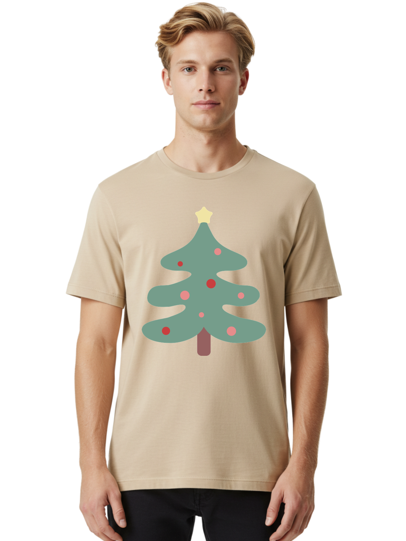 Christmas-Tree Men'S Graphic Tee, 100% Cotton, Comfortable Casual Summer Wear, Machine Washable, Christmas Tree, Festive Decorations, Red Ornaments, Pink Baubles, Star Topper, Holiday Cheer, Winter Wonderland, Cartoon Style, Simple Design, Aac594