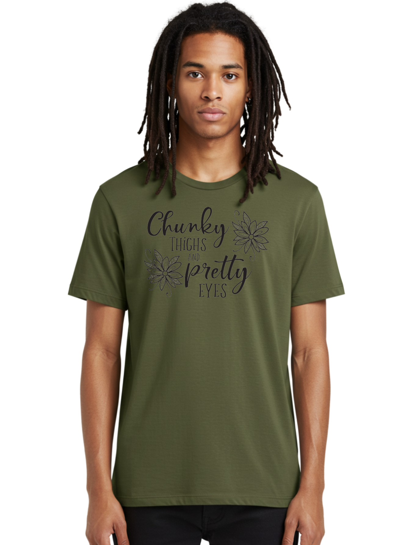 Chunky-Thighs-And-Pretty-Eyes Men'S Graphic Tee, 100% Cotton, Comfortable Casual Summer Wear, Machine Washable, Positive Affirmation, Body Positivity, Self Love, Empowerment, Quote, Inspirational Quote, Motivational Quote, Black Text, Aac595