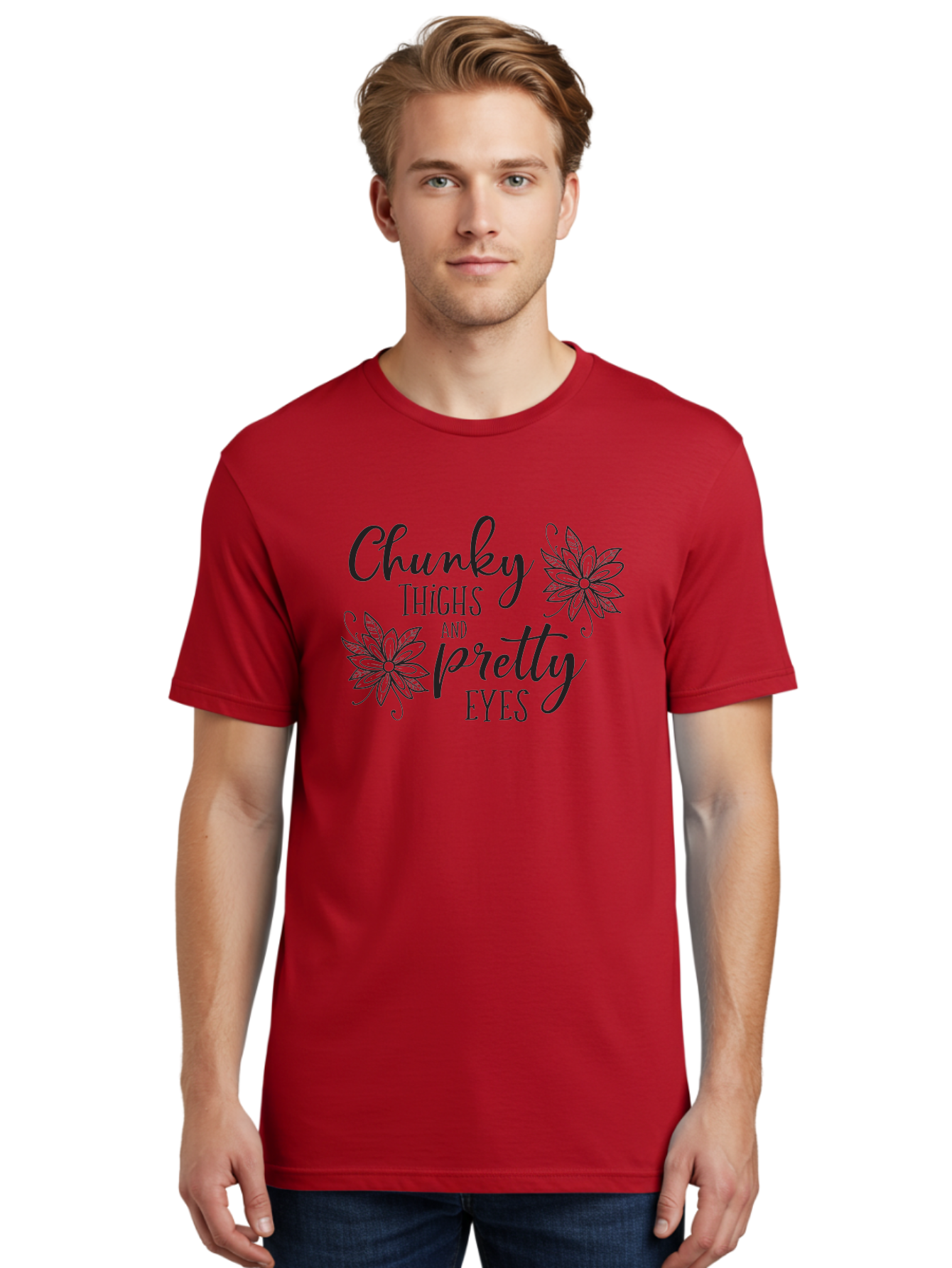 Chunky-Thighs-And-Pretty-Eyes Men'S Graphic Tee, 100% Cotton, Comfortable Casual Summer Wear, Machine Washable, Positive Affirmation, Body Positivity, Self Love, Empowerment, Quote, Inspirational Quote, Motivational Quote, Black Text, Aac595