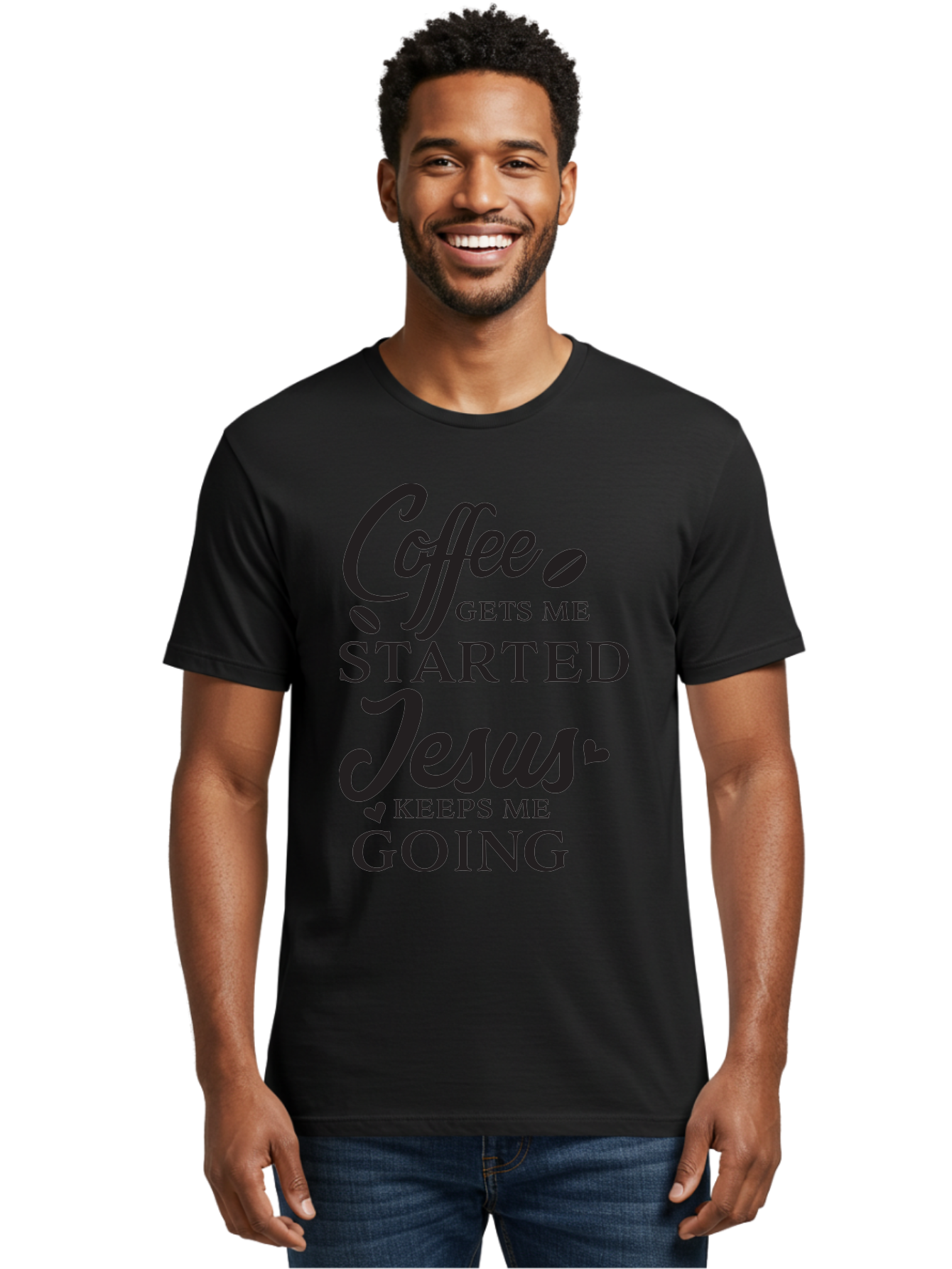 Coffee-Gets-Me-Started-Jesus-Keeps-Me-Going Men'S Graphic Tee, 100% Cotton, Comfortable Casual Summer Wear, Machine Washable, Coffee Quote, Inspirational Quote, Faith And Coffee, Motivational Saying, Christian Quote, Coffee Lover, Jesus Quote, Aac600