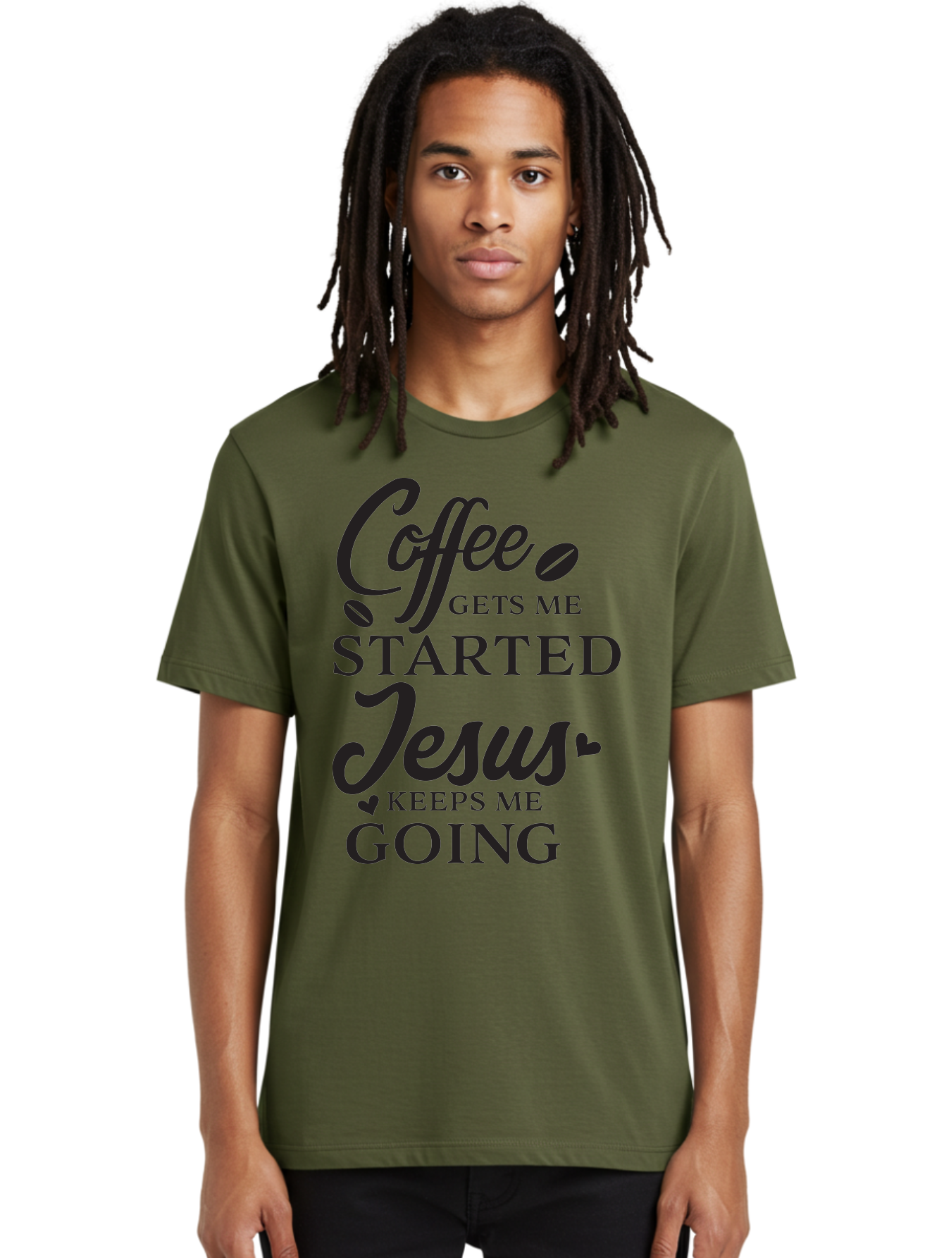 Coffee-Gets-Me-Started-Jesus-Keeps-Me-Going Men'S Graphic Tee, 100% Cotton, Comfortable Casual Summer Wear, Machine Washable, Coffee Quote, Inspirational Quote, Faith And Coffee, Motivational Saying, Christian Quote, Coffee Lover, Jesus Quote, Aac600