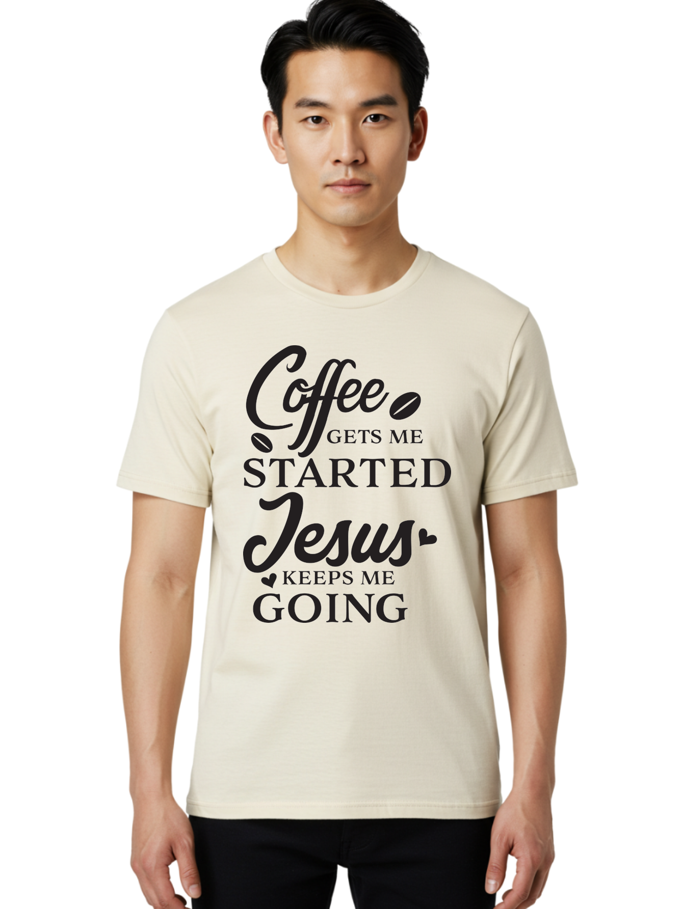 Coffee-Gets-Me-Started-Jesus-Keeps-Me-Going Men'S Graphic Tee, 100% Cotton, Comfortable Casual Summer Wear, Machine Washable, Coffee Quote, Inspirational Quote, Faith And Coffee, Motivational Saying, Christian Quote, Coffee Lover, Jesus Quote, Aac600