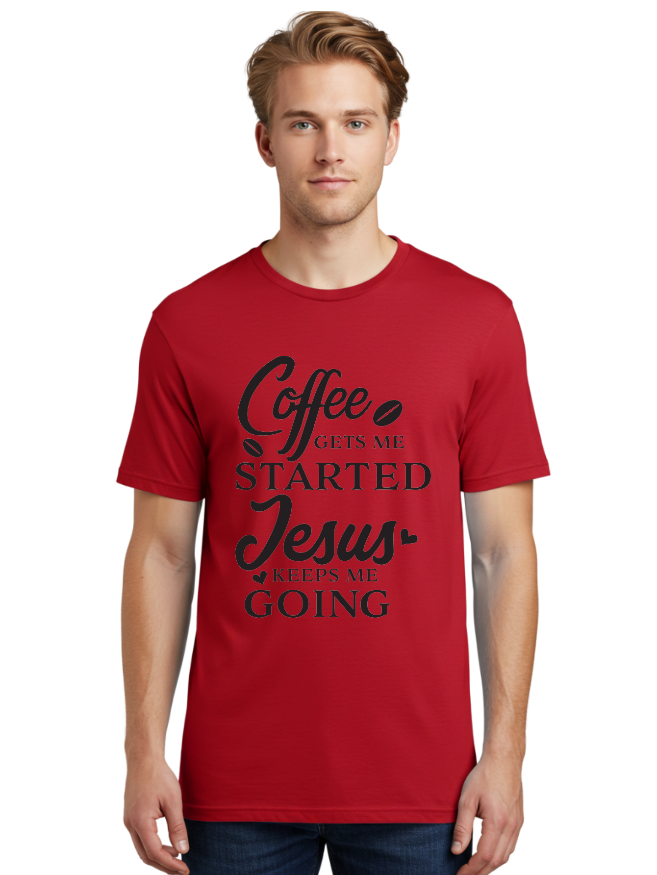 Coffee-Gets-Me-Started-Jesus-Keeps-Me-Going Men'S Graphic Tee, 100% Cotton, Comfortable Casual Summer Wear, Machine Washable, Coffee Quote, Inspirational Quote, Faith And Coffee, Motivational Saying, Christian Quote, Coffee Lover, Jesus Quote, Aac600
