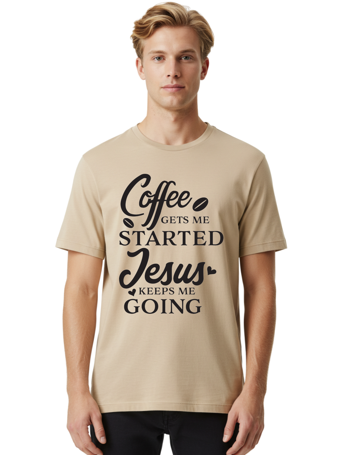 Coffee-Gets-Me-Started-Jesus-Keeps-Me-Going Men'S Graphic Tee, 100% Cotton, Comfortable Casual Summer Wear, Machine Washable, Coffee Quote, Inspirational Quote, Faith And Coffee, Motivational Saying, Christian Quote, Coffee Lover, Jesus Quote, Aac600