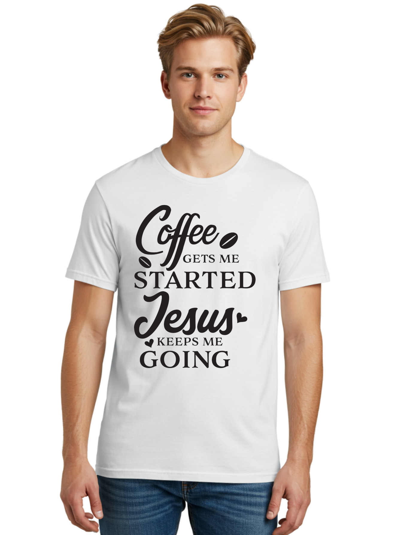Coffee-Gets-Me-Started-Jesus-Keeps-Me-Going Men'S Graphic Tee, 100% Cotton, Comfortable Casual Summer Wear, Machine Washable, Coffee Quote, Inspirational Quote, Faith And Coffee, Motivational Saying, Christian Quote, Coffee Lover, Jesus Quote, Aac600