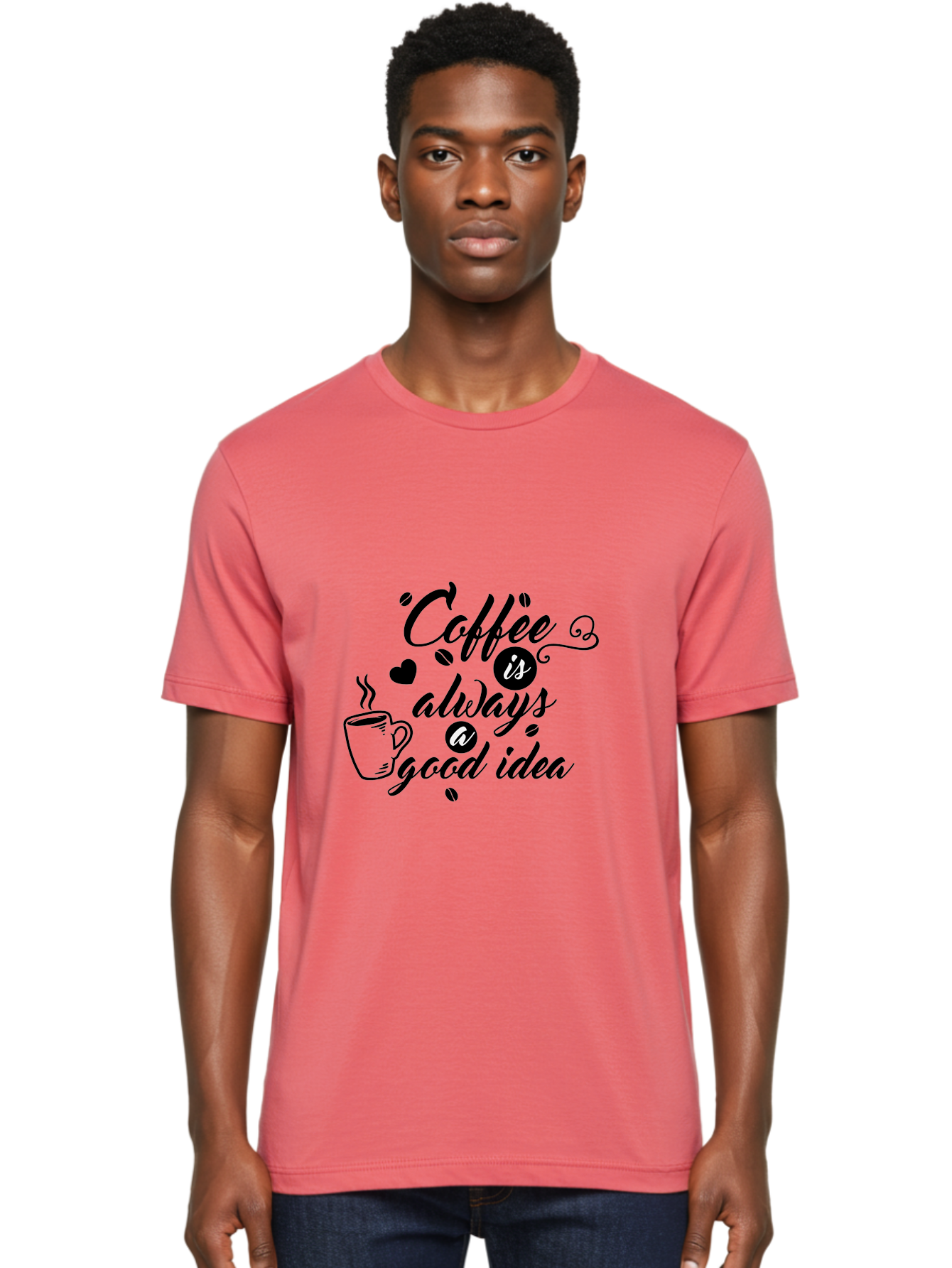 Coffee-Is-Always-Good-Idea Men'S Graphic Tee, 100% Cotton, Comfortable Casual Summer Wear, Machine Washable, Coffee Quote, Coffee Art, Coffee Lover, Steaming Cup, Heart Shape, Coffee Beans, Morning Motivation, Coffee Culture, Aac601