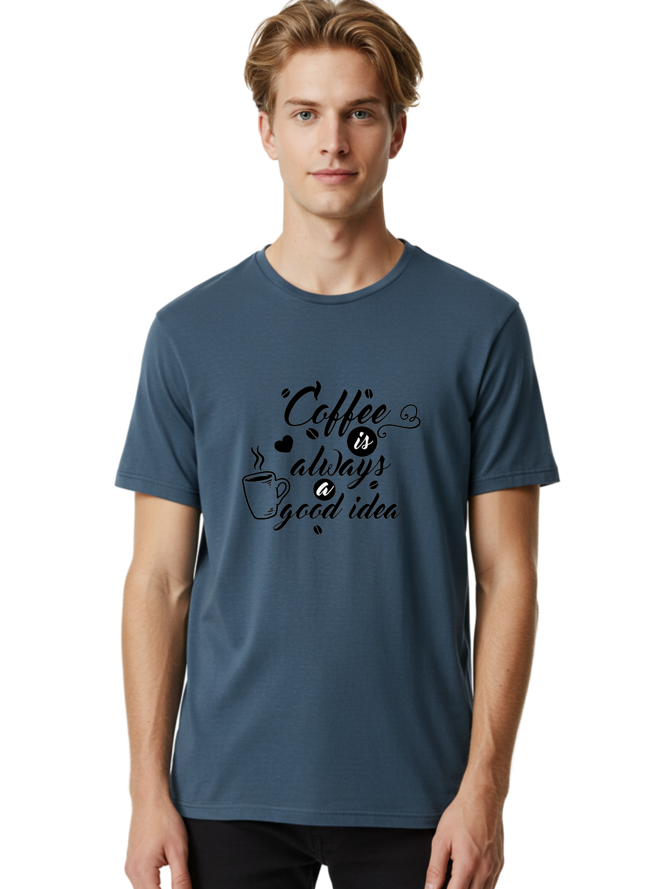Coffee-Is-Always-Good-Idea Men'S Graphic Tee, 100% Cotton, Comfortable Casual Summer Wear, Machine Washable, Coffee Quote, Coffee Art, Coffee Lover, Steaming Cup, Heart Shape, Coffee Beans, Morning Motivation, Coffee Culture, Aac601