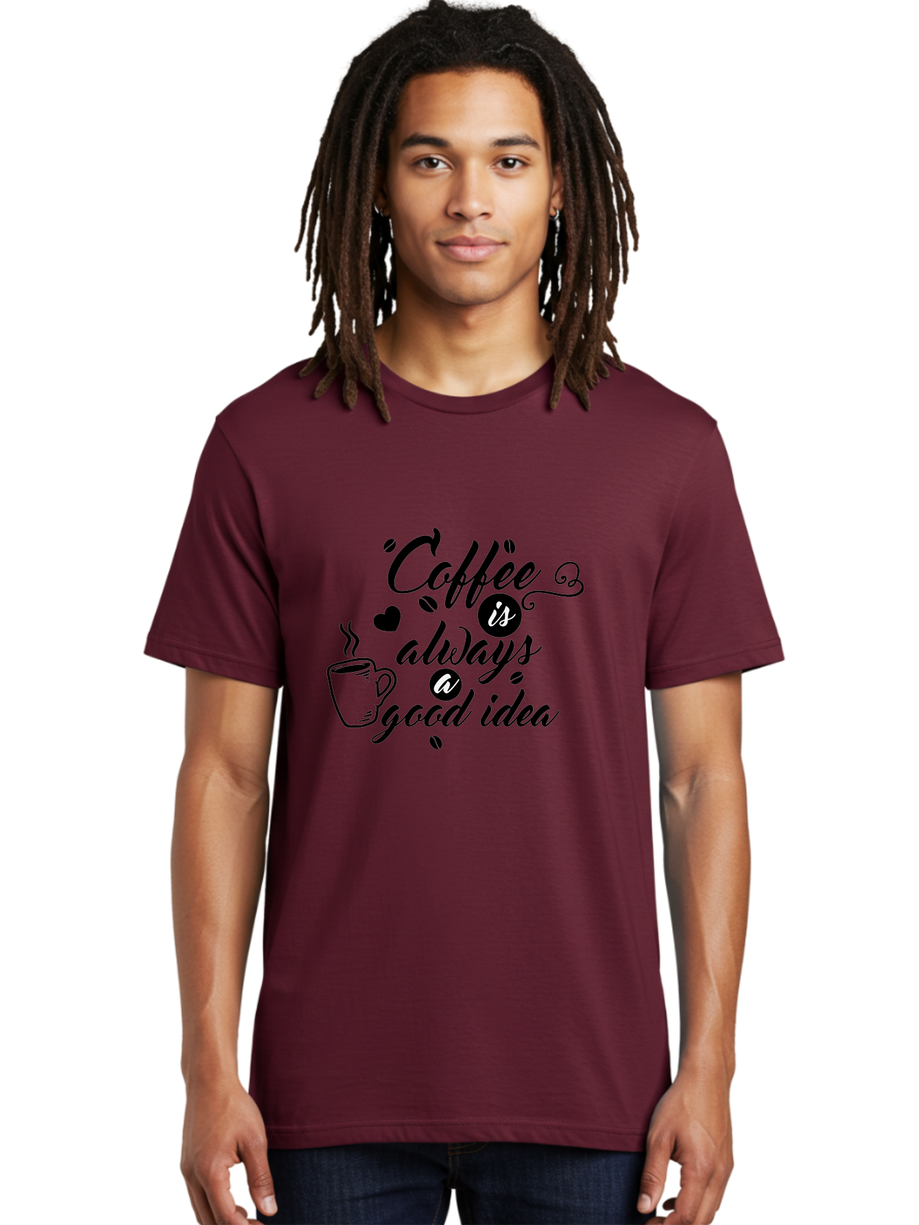 Coffee-Is-Always-Good-Idea Men'S Graphic Tee, 100% Cotton, Comfortable Casual Summer Wear, Machine Washable, Coffee Quote, Coffee Art, Coffee Lover, Steaming Cup, Heart Shape, Coffee Beans, Morning Motivation, Coffee Culture, Aac601