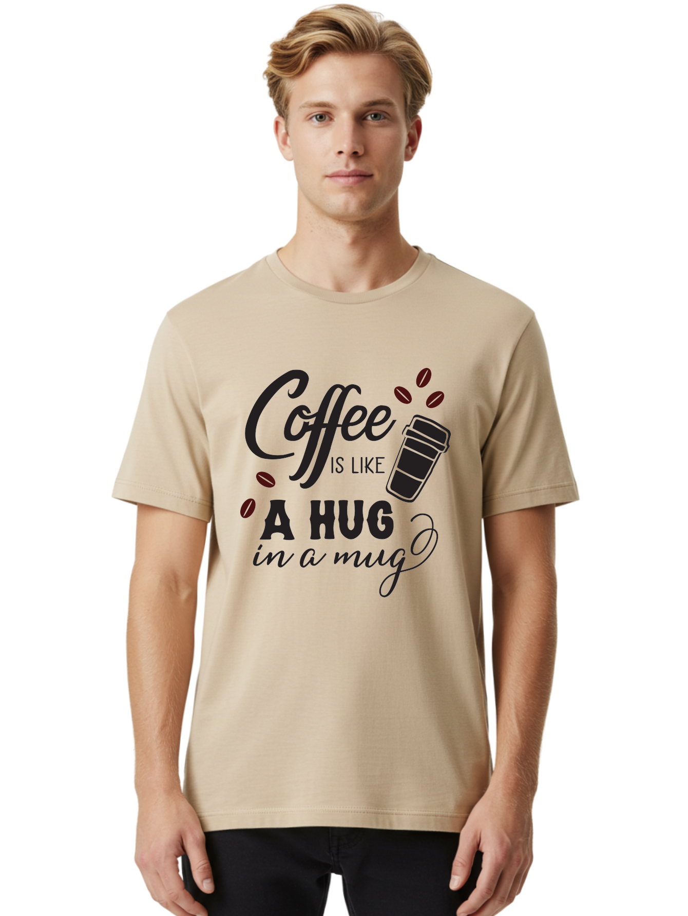 Coffee-Is-Like-A-Hug-In-A-Mug Men'S Graphic Tee, 100% Cotton, Comfortable Casual Summer Wear, Machine Washable, Coffee Quote, Coffee Love, Coffee Lover, Coffee In A Mug, Coffee Is Life, Coffee Is Like A Hug Aac602