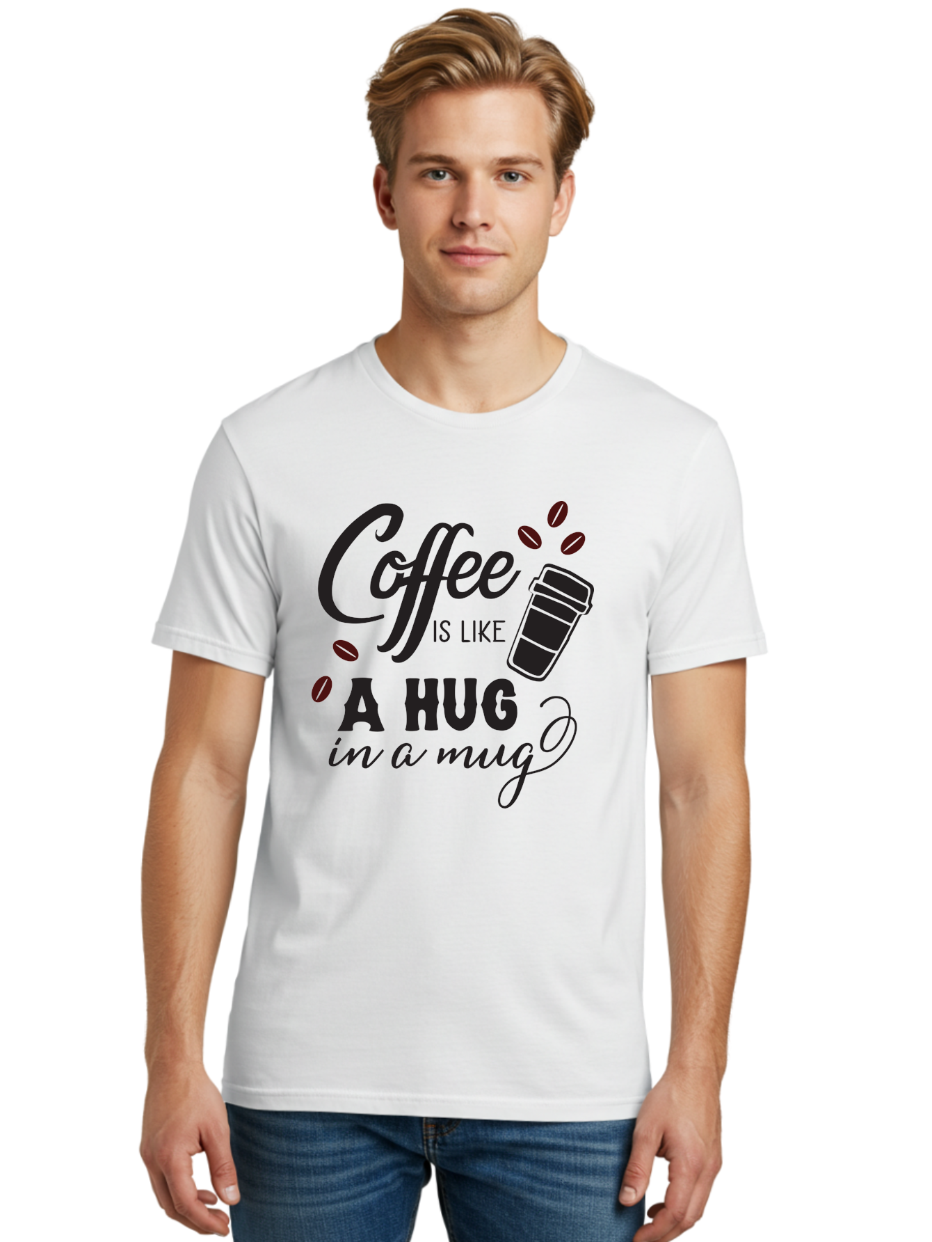 Coffee-Is-Like-A-Hug-In-A-Mug Men'S Graphic Tee, 100% Cotton, Comfortable Casual Summer Wear, Machine Washable, Coffee Quote, Coffee Love, Coffee Lover, Coffee In A Mug, Coffee Is Life, Coffee Is Like A Hug Aac602