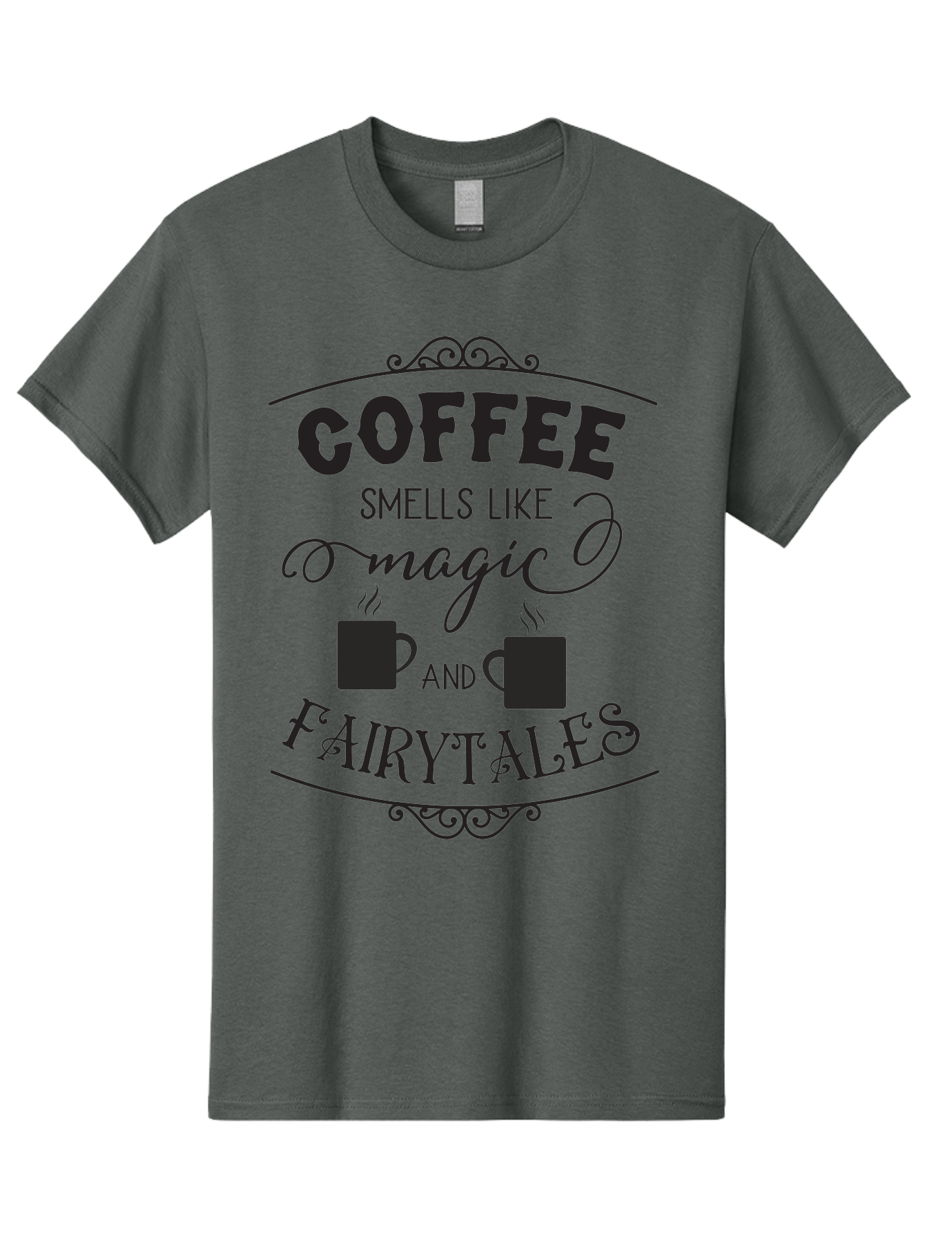 Coffee-Smells-Like-Magic-And-Fairytales Men'S Graphic Tee, 100% Cotton, Comfortable Casual Summer Wear, Machine Washable, Coffee Quote, Coffee Saying, Magic And Fairytale, Coffee Lovers, Whimsical Design, Steaming Coffee Cups, Aac605