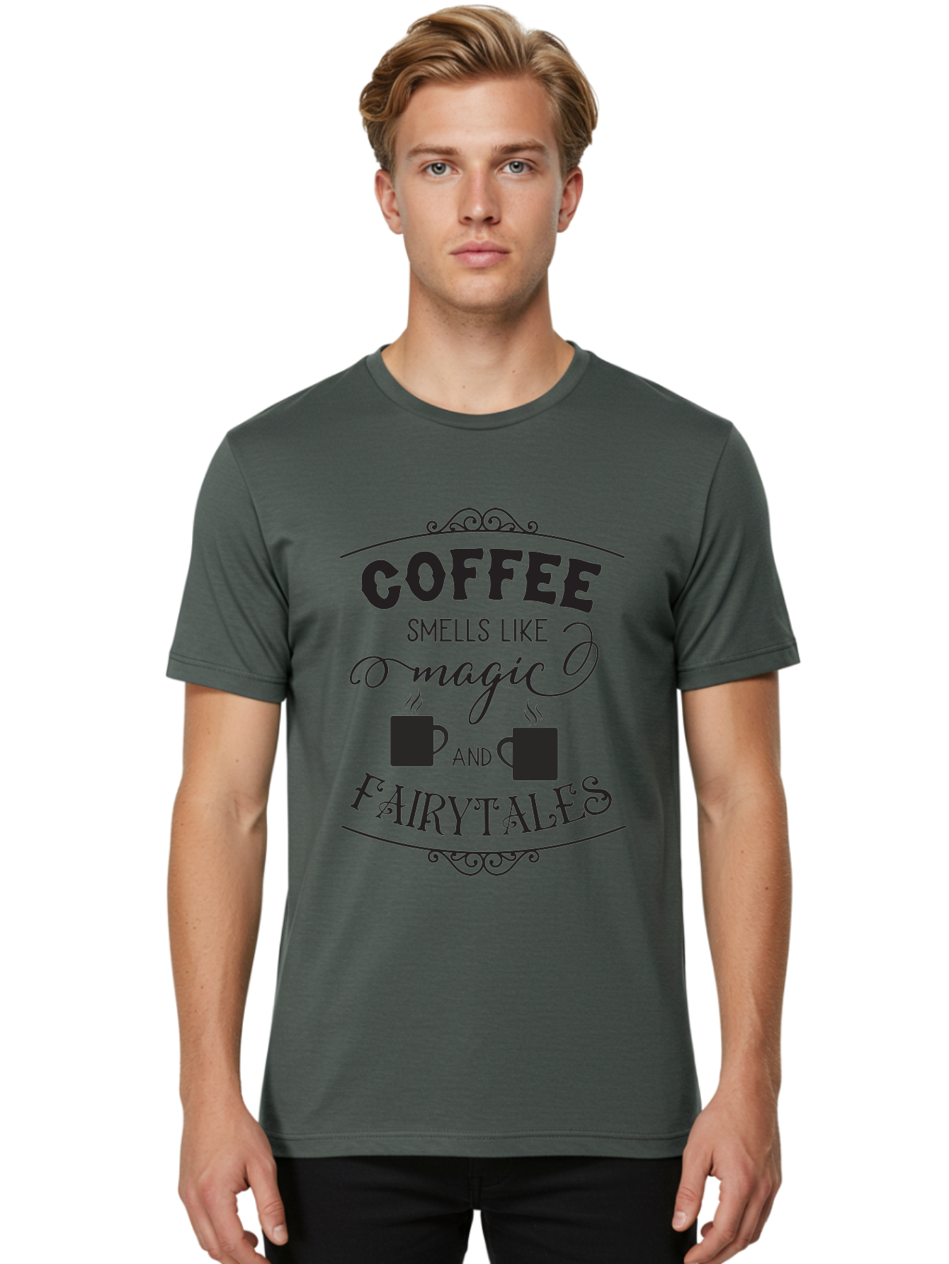 Coffee-Smells-Like-Magic-And-Fairytales Men'S Graphic Tee, 100% Cotton, Comfortable Casual Summer Wear, Machine Washable, Coffee Quote, Coffee Saying, Magic And Fairytale, Coffee Lovers, Whimsical Design, Steaming Coffee Cups, Aac605