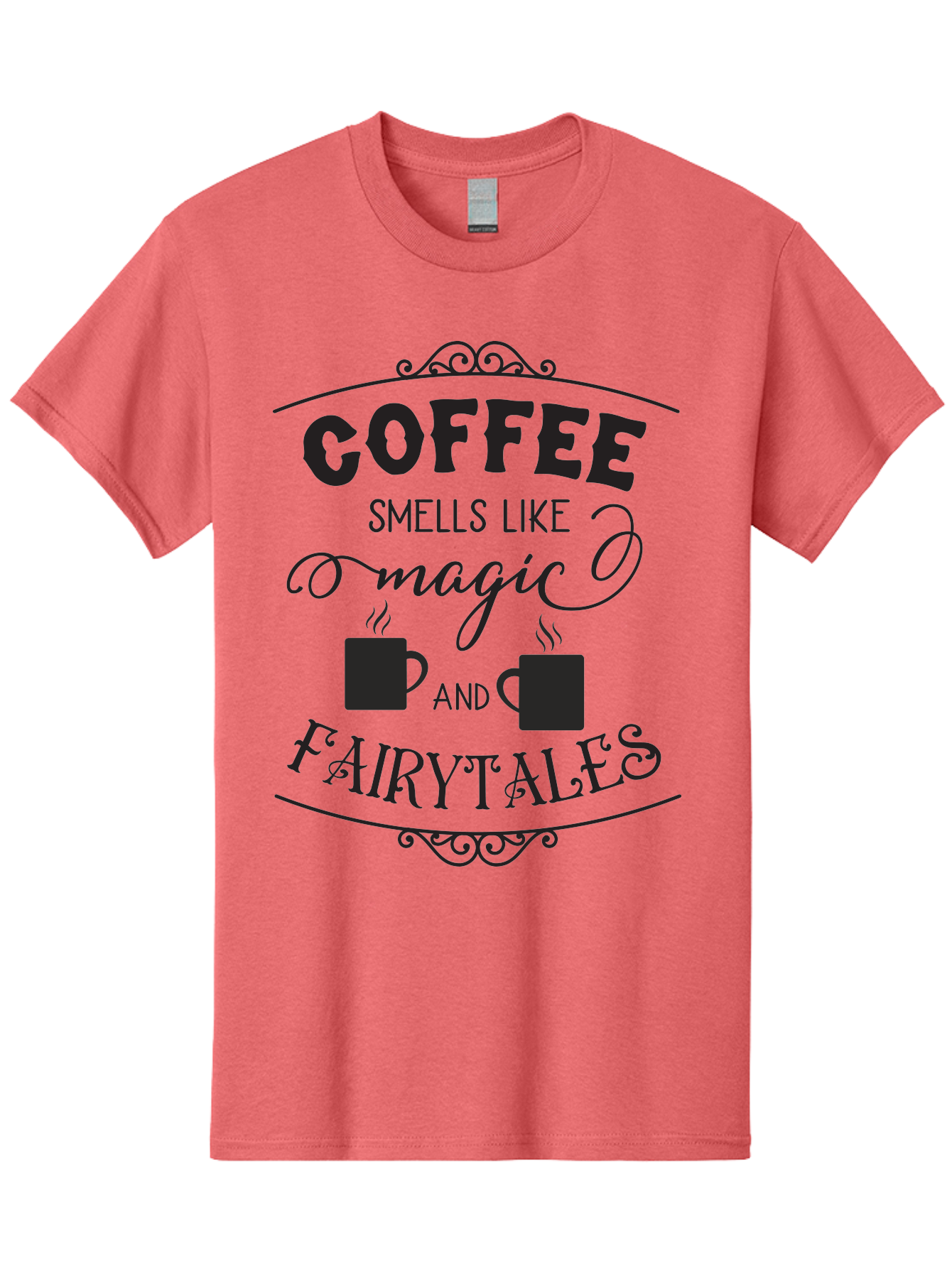 Coffee-Smells-Like-Magic-And-Fairytales Men'S Graphic Tee, 100% Cotton, Comfortable Casual Summer Wear, Machine Washable, Coffee Quote, Coffee Saying, Magic And Fairytale, Coffee Lovers, Whimsical Design, Steaming Coffee Cups, Aac605