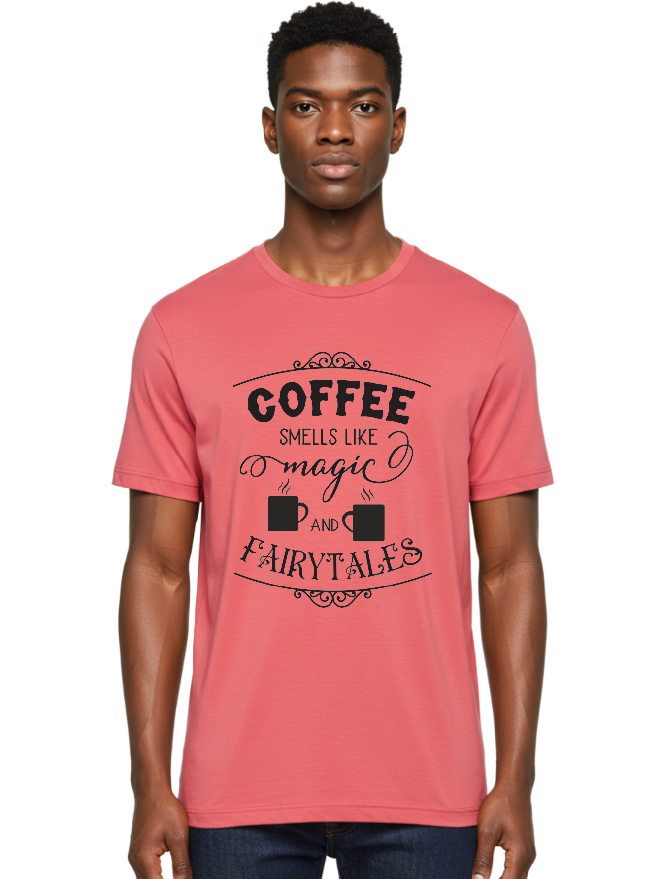 Coffee-Smells-Like-Magic-And-Fairytales Men'S Graphic Tee, 100% Cotton, Comfortable Casual Summer Wear, Machine Washable, Coffee Quote, Coffee Saying, Magic And Fairytale, Coffee Lovers, Whimsical Design, Steaming Coffee Cups, Aac605