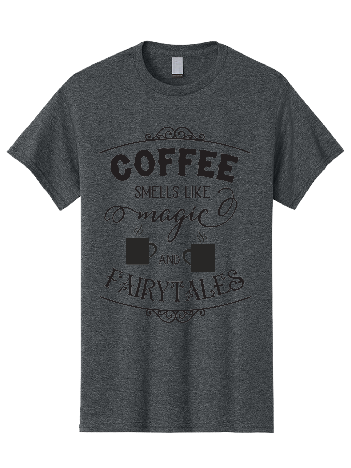 Coffee-Smells-Like-Magic-And-Fairytales Men'S Graphic Tee, 100% Cotton, Comfortable Casual Summer Wear, Machine Washable, Coffee Quote, Coffee Saying, Magic And Fairytale, Coffee Lovers, Whimsical Design, Steaming Coffee Cups, Aac605
