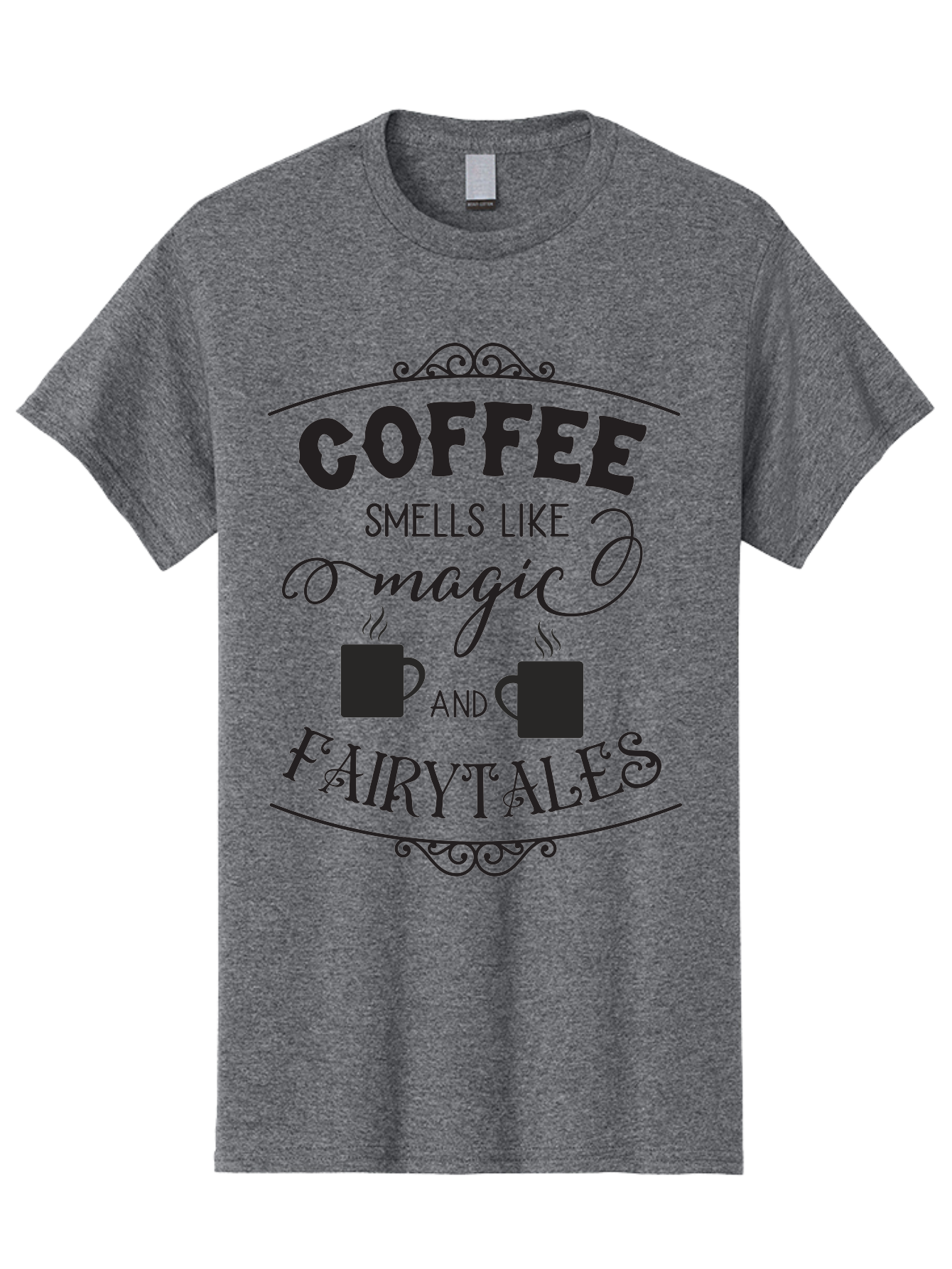 Coffee-Smells-Like-Magic-And-Fairytales Men'S Graphic Tee, 100% Cotton, Comfortable Casual Summer Wear, Machine Washable, Coffee Quote, Coffee Saying, Magic And Fairytale, Coffee Lovers, Whimsical Design, Steaming Coffee Cups, Aac605