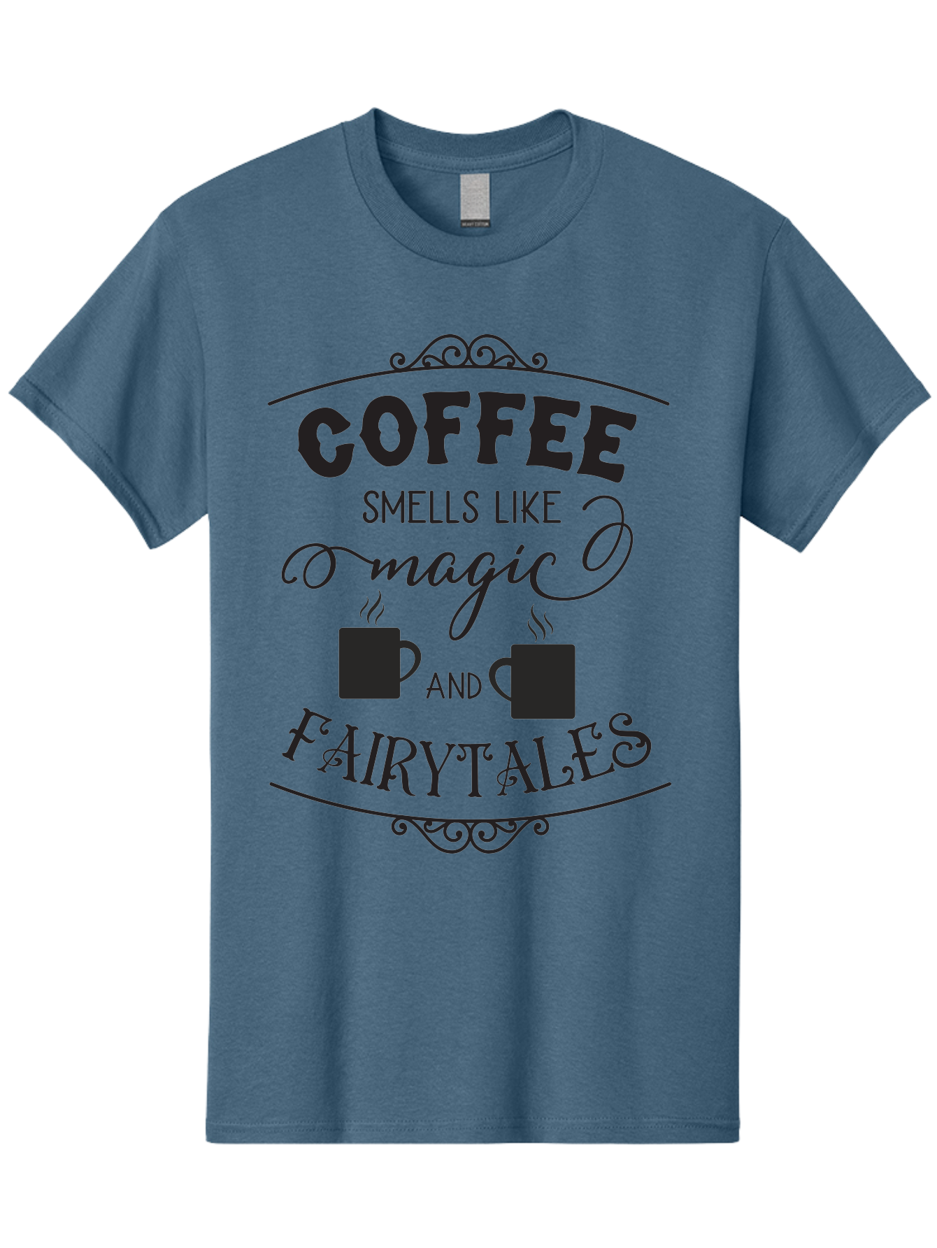 Coffee-Smells-Like-Magic-And-Fairytales Men'S Graphic Tee, 100% Cotton, Comfortable Casual Summer Wear, Machine Washable, Coffee Quote, Coffee Saying, Magic And Fairytale, Coffee Lovers, Whimsical Design, Steaming Coffee Cups, Aac605