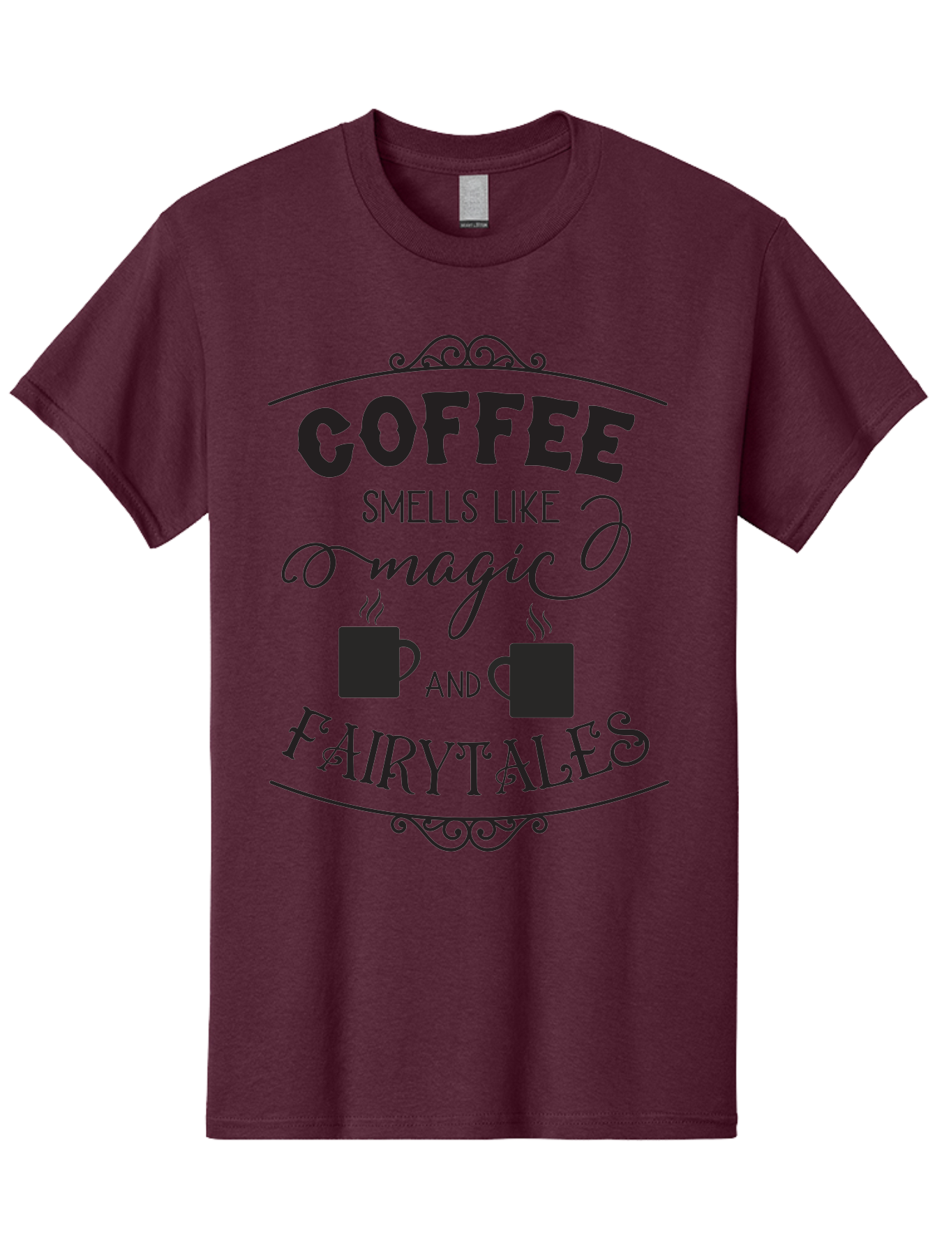 Coffee-Smells-Like-Magic-And-Fairytales Men'S Graphic Tee, 100% Cotton, Comfortable Casual Summer Wear, Machine Washable, Coffee Quote, Coffee Saying, Magic And Fairytale, Coffee Lovers, Whimsical Design, Steaming Coffee Cups, Aac605